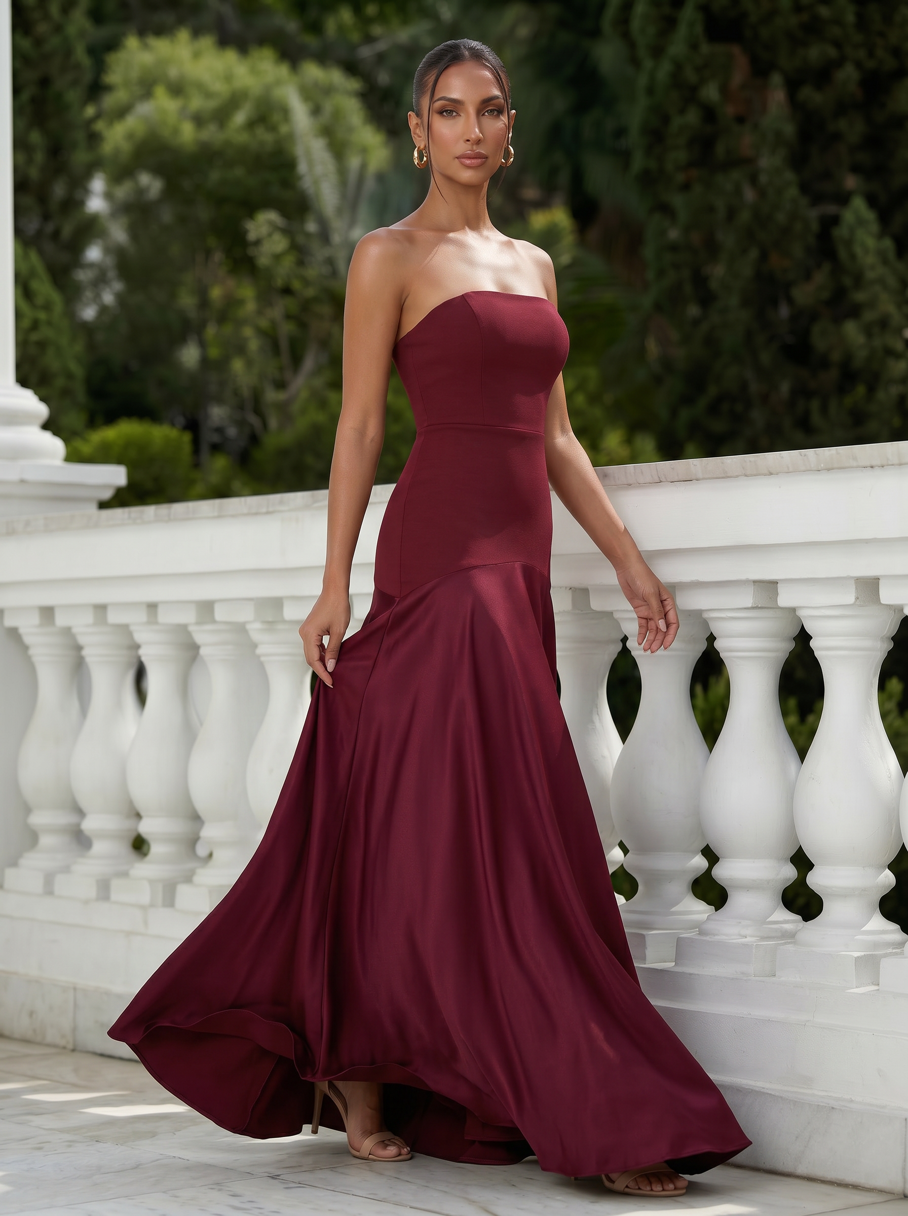 Roxiana Burgundy Strapless A-line Satin Maxi Dress