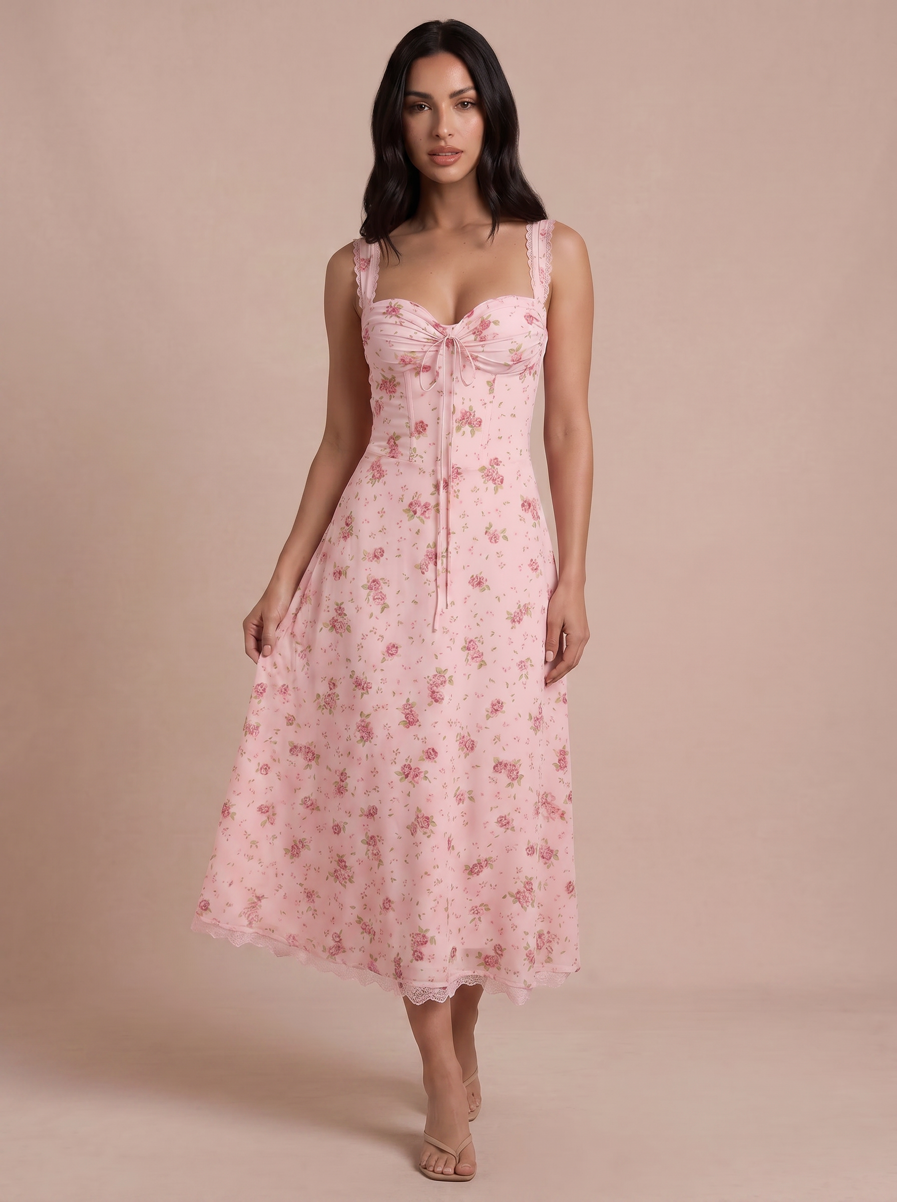 Suri Pink Floral Corset Spaghetti Strap Midi Sundress Dress