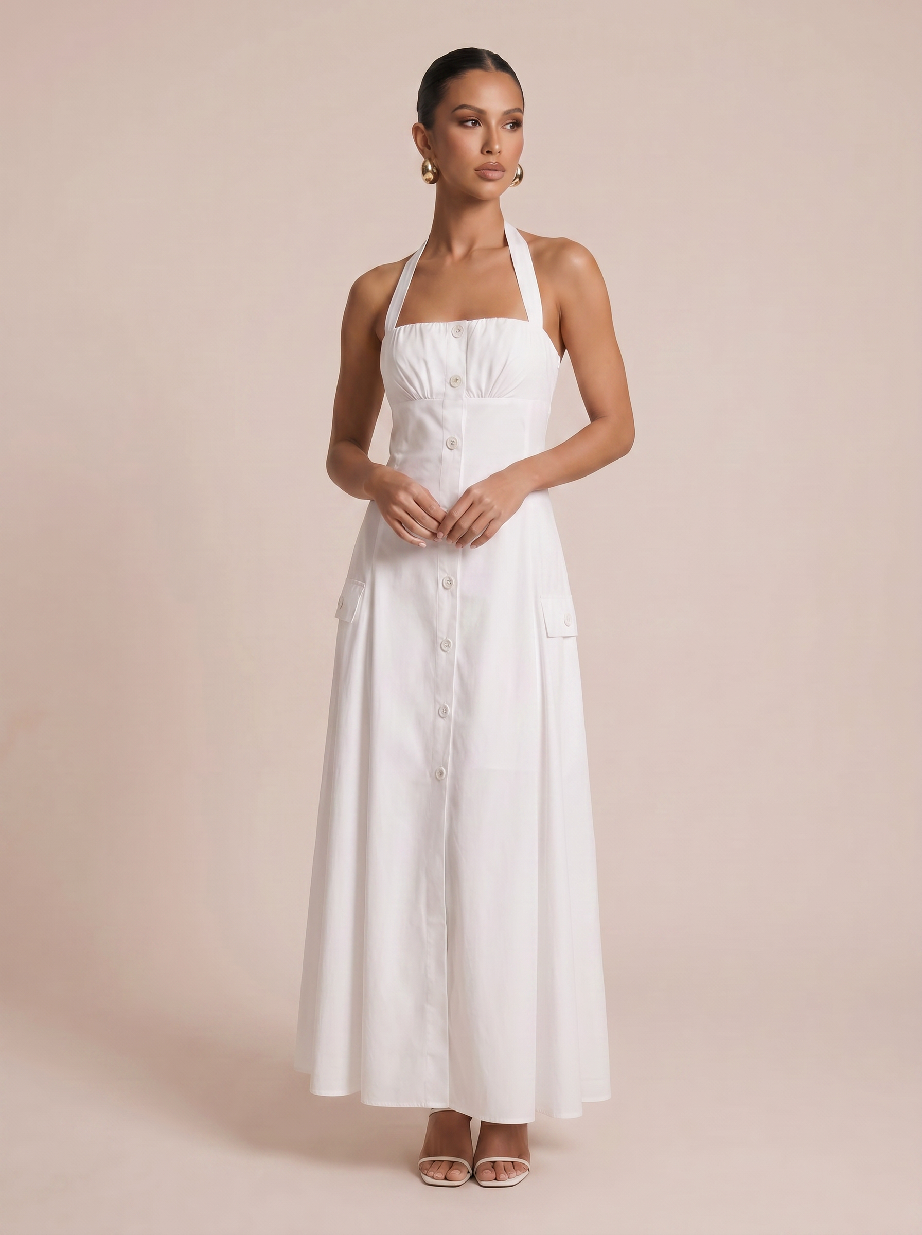 Taylor White Halter Midi Summer Sundress Dress