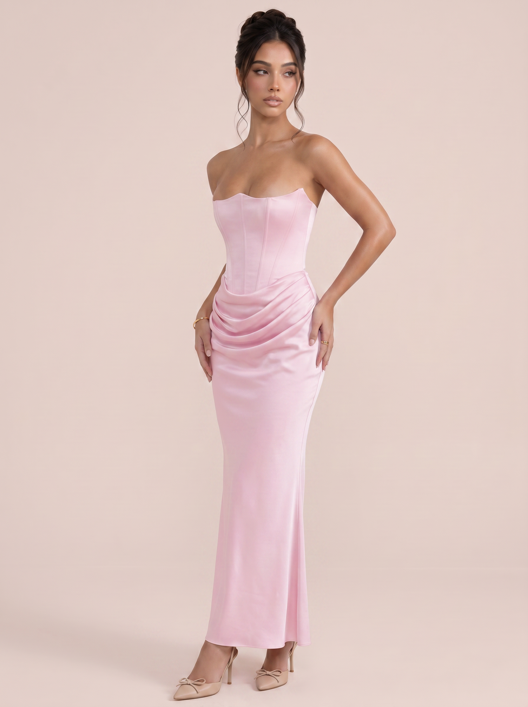 Gia Strapless Fishbone Ruched Maxi Dress