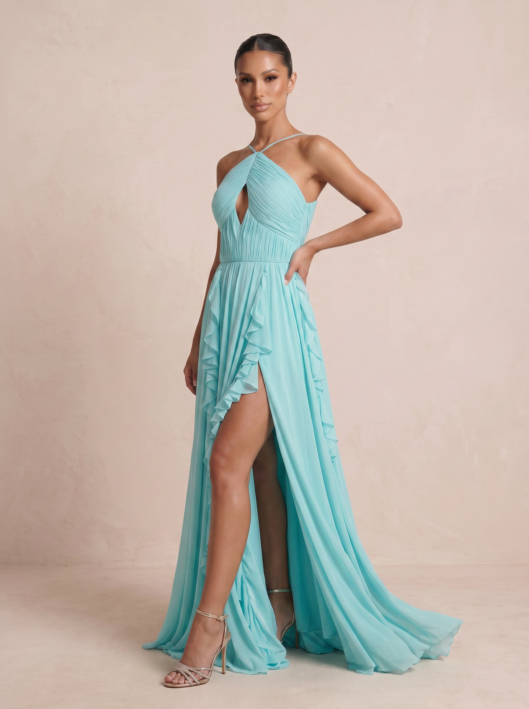 Bellia Halter Pleated High Slit Maxi Dress