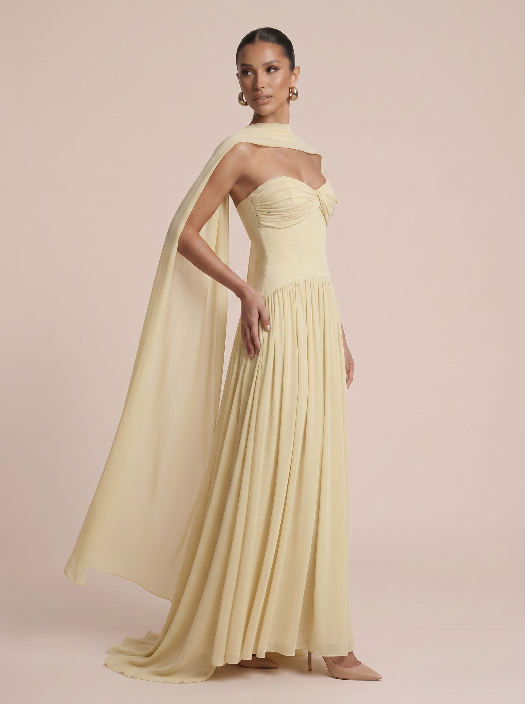 Belsa Yellow Strapless Elegant Pleated A-line Maxi Dress