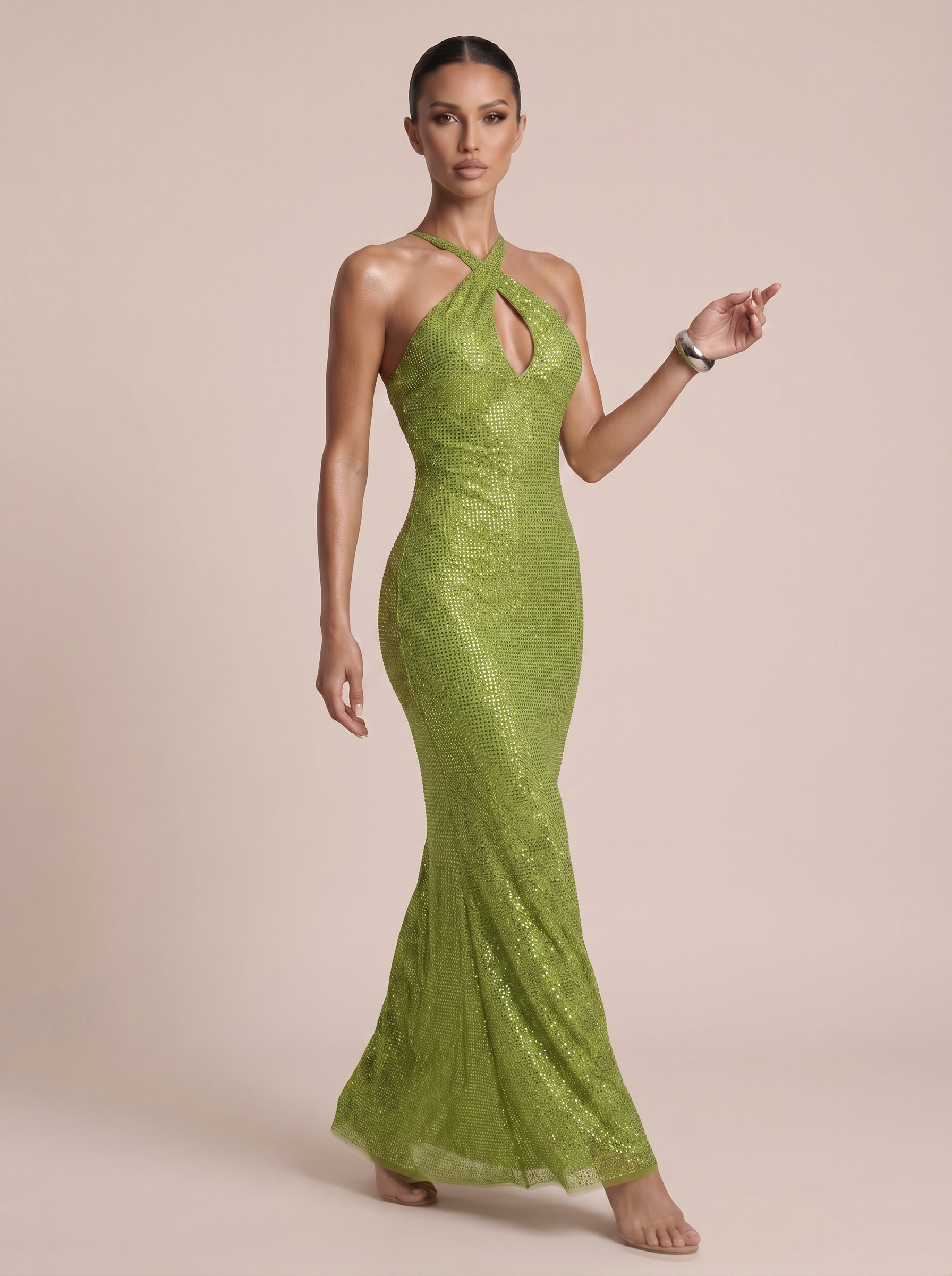 Athena Green Sequin Halter Bodycon Maxi Dress