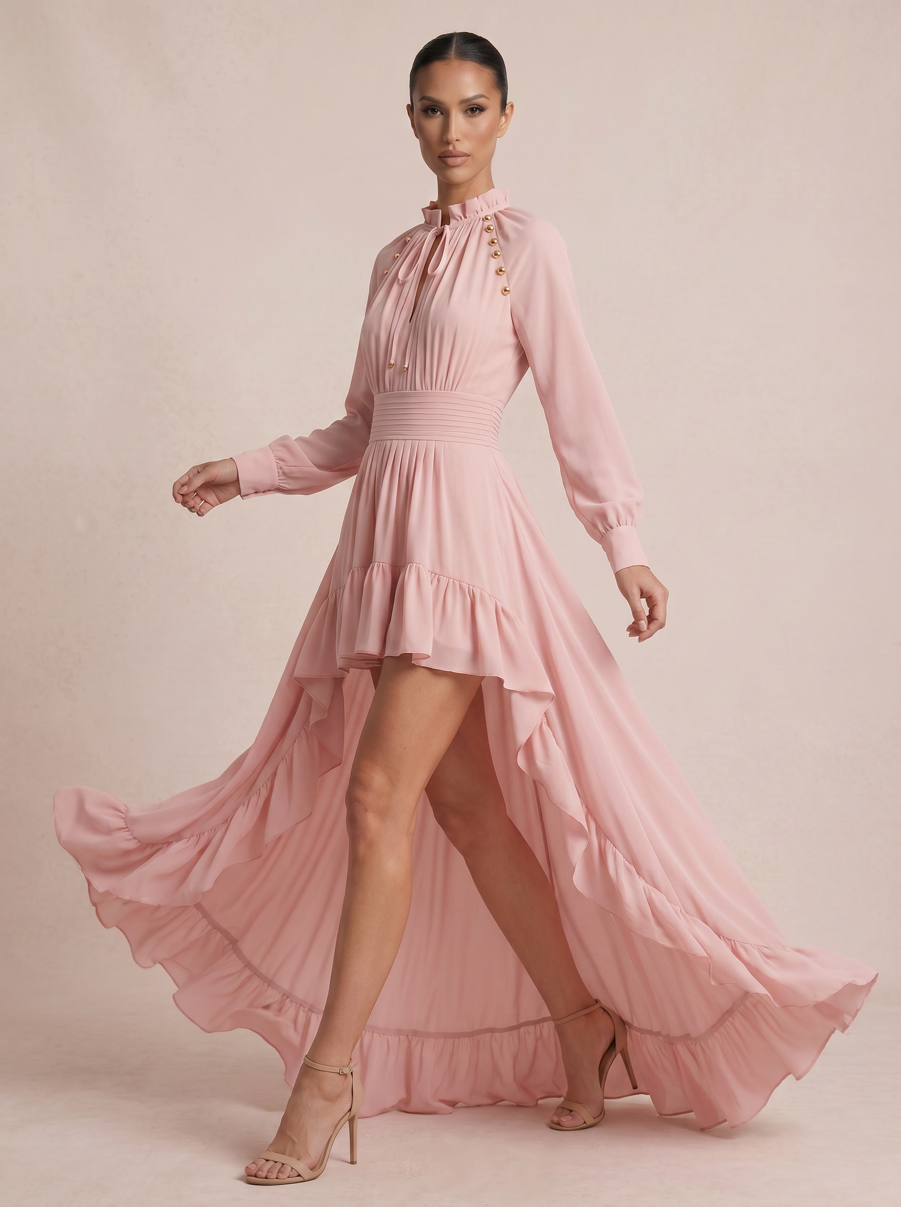 Rhode Pink Long Sleeve Ruffle Maxi Dress