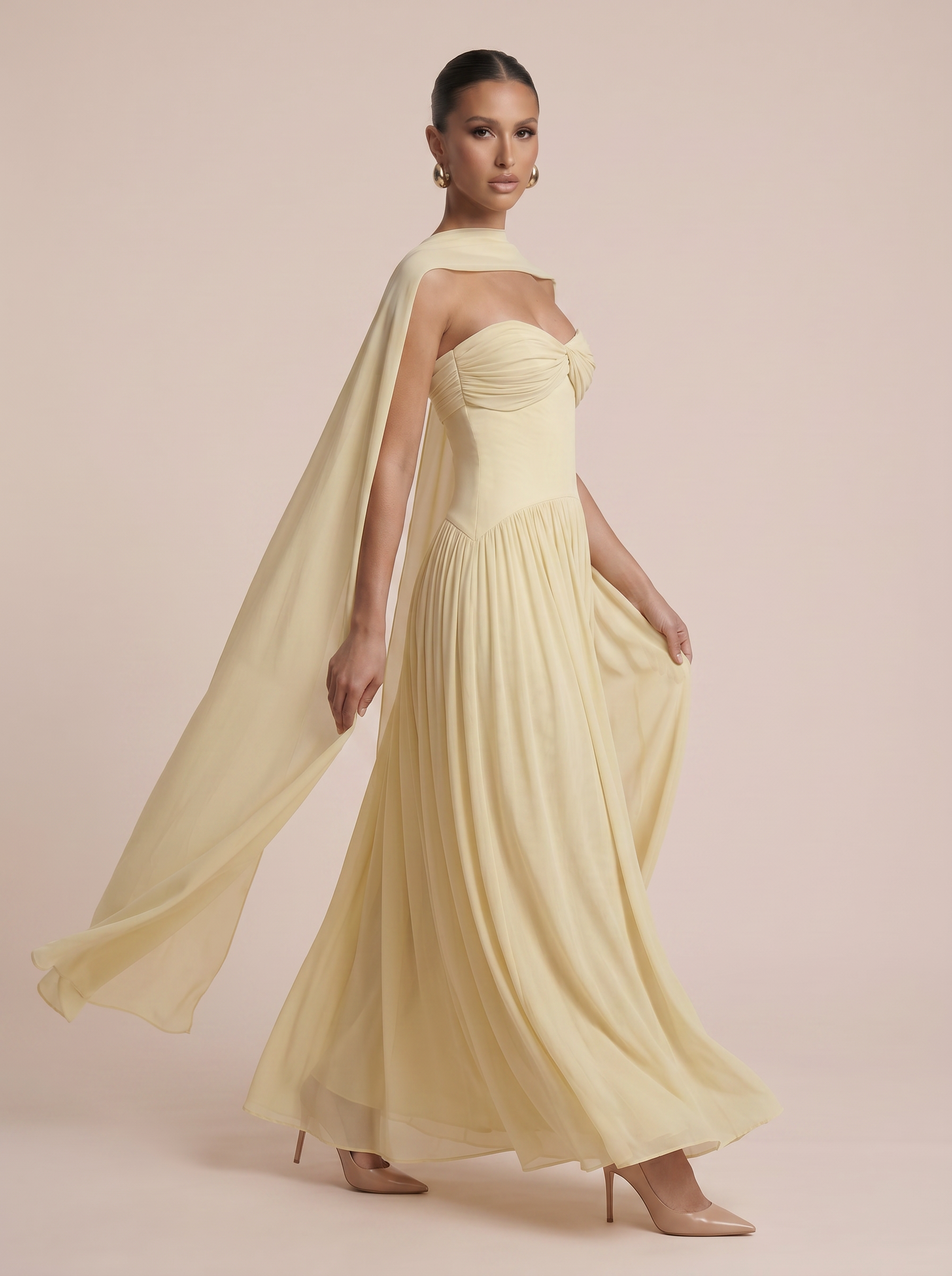 Belsa Yellow Strapless Elegant Pleated A-line Maxi Dress