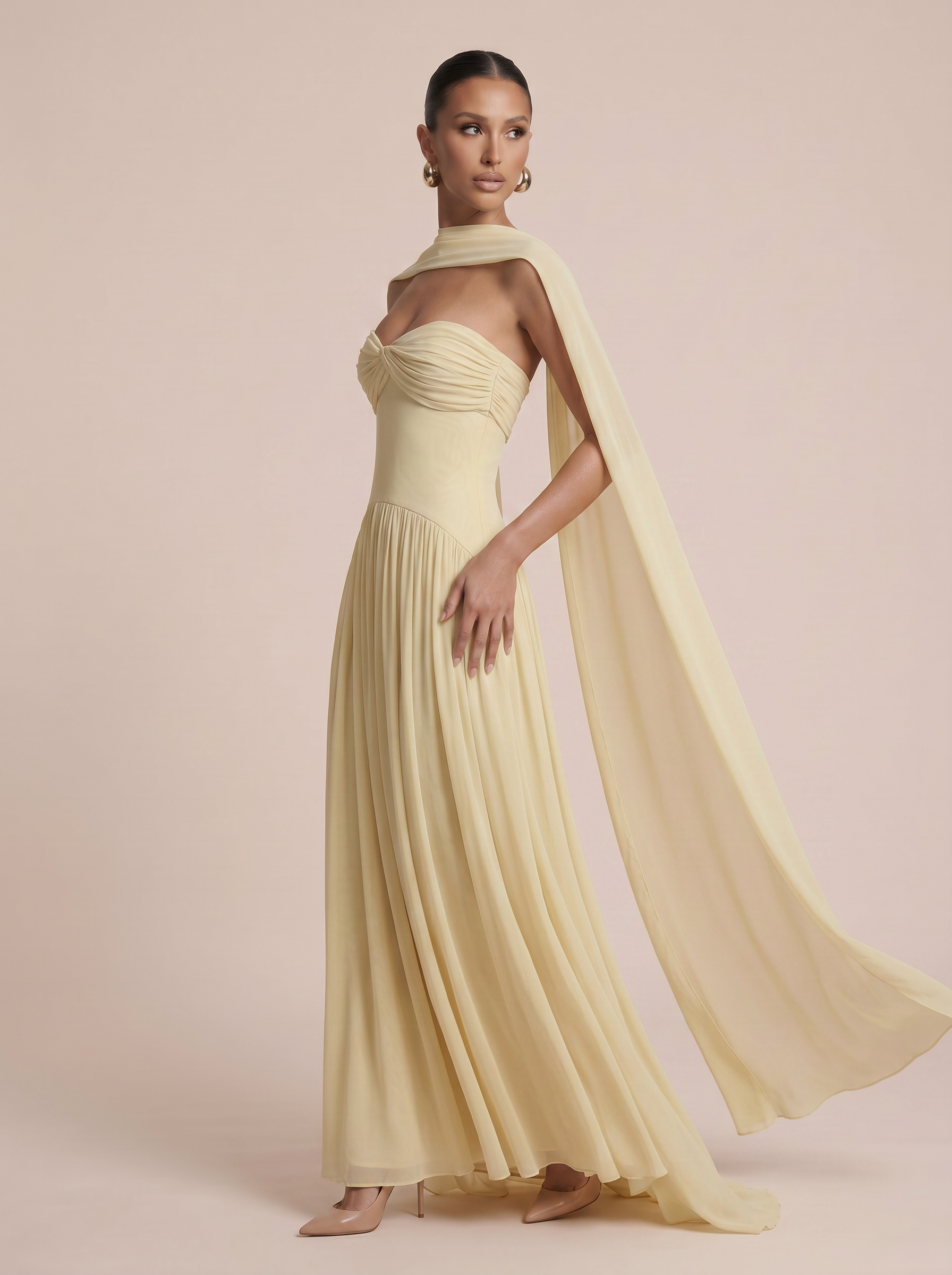 Belsa Yellow Strapless Elegant Pleated A-line Maxi Dress