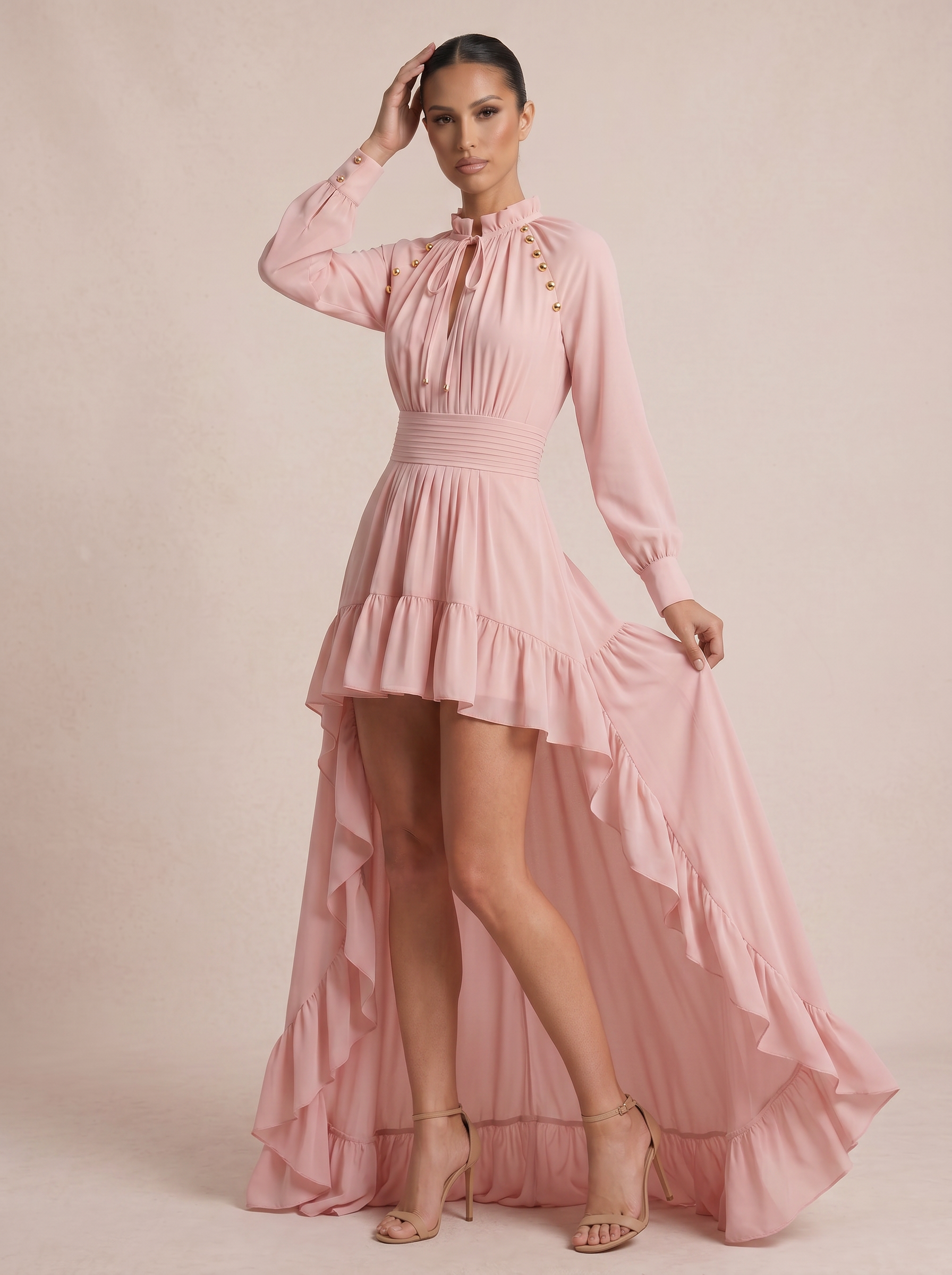 Rhode Pink Long Sleeve Ruffle Maxi Dress