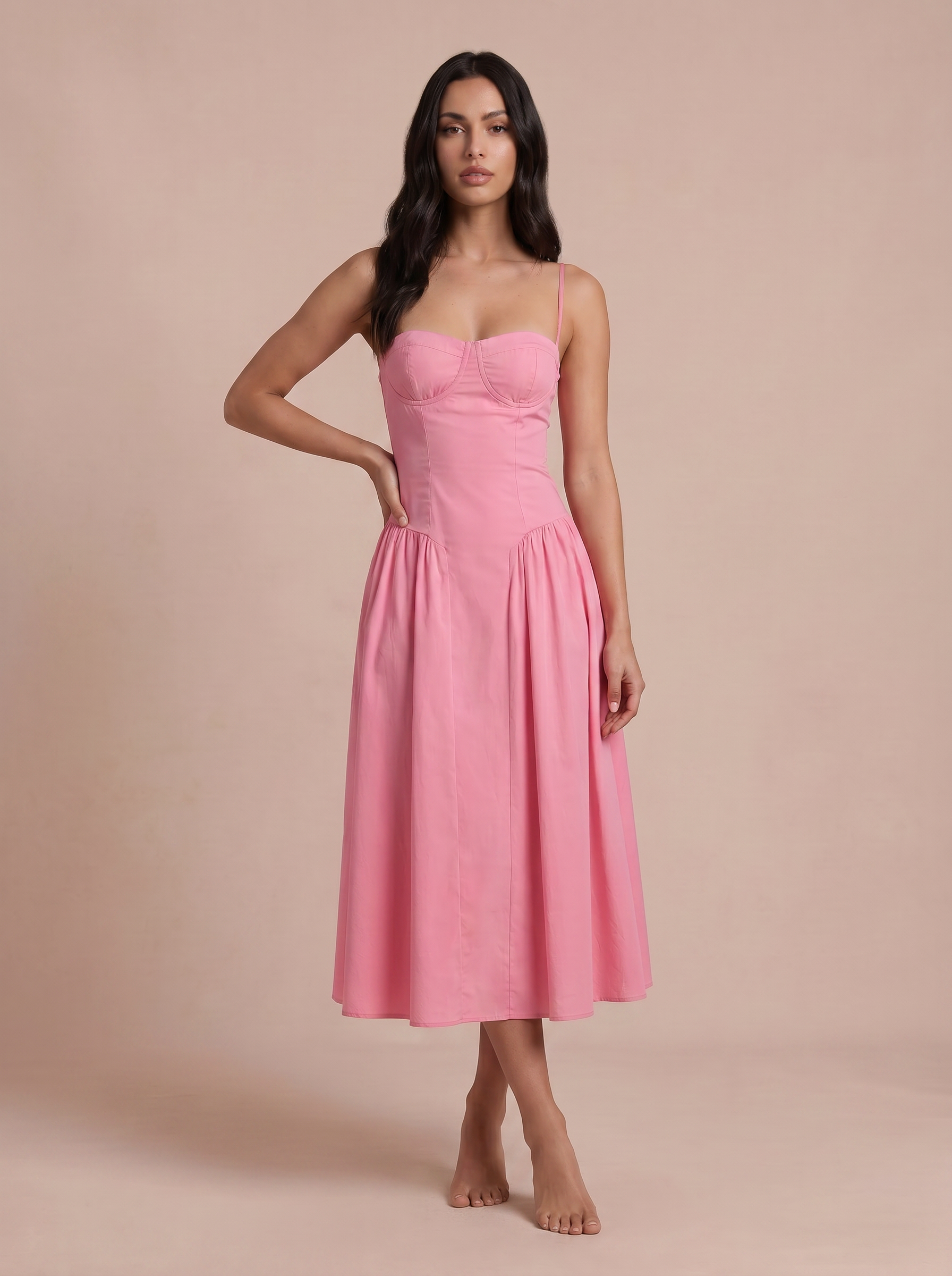Alexi Pink Corset Spaghetti Strap Midi Sundress Dress
