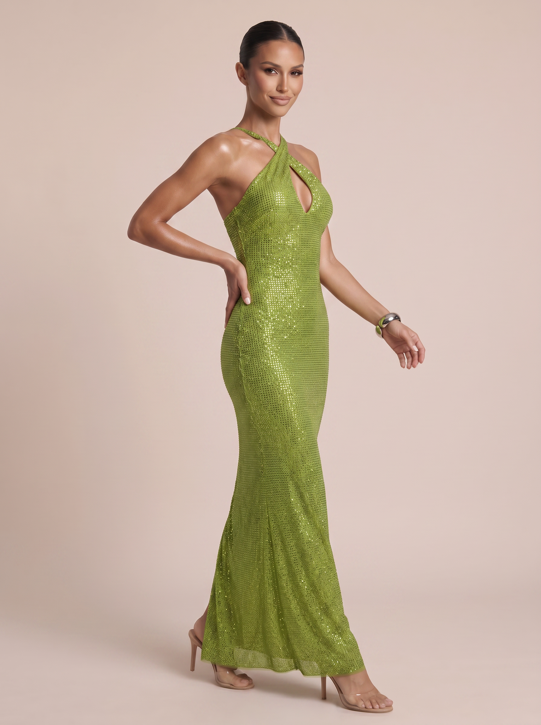 Athena Green Sequin Halter Bodycon Maxi Dress
