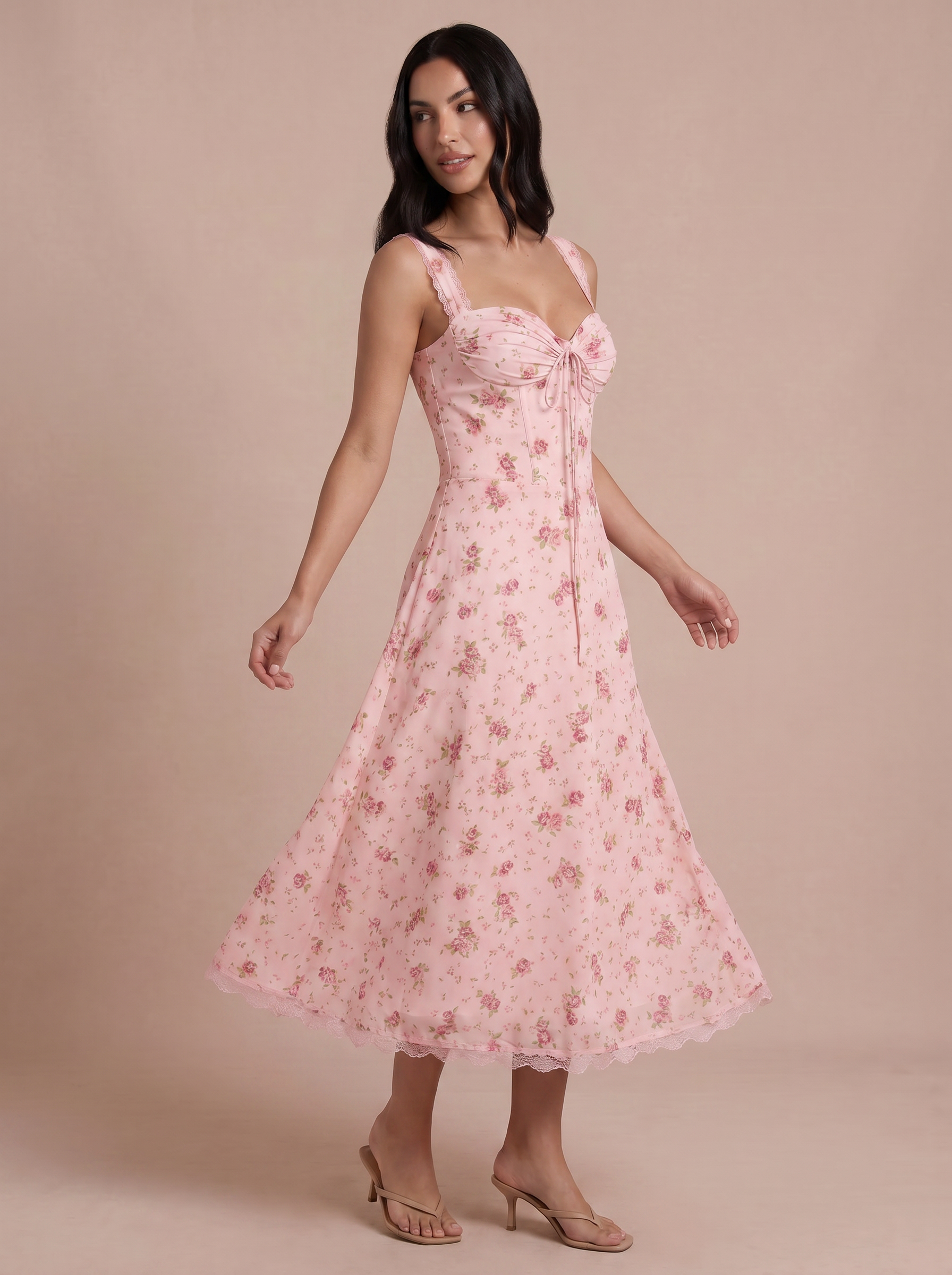 Suri Pink Floral Corset Spaghetti Strap Midi Sundress Dress