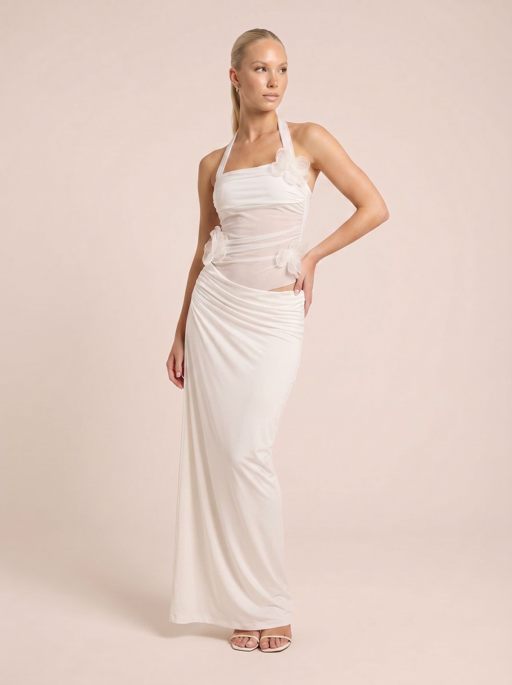 Yavina White 3D Applique Floral Mesh Maxi Dress