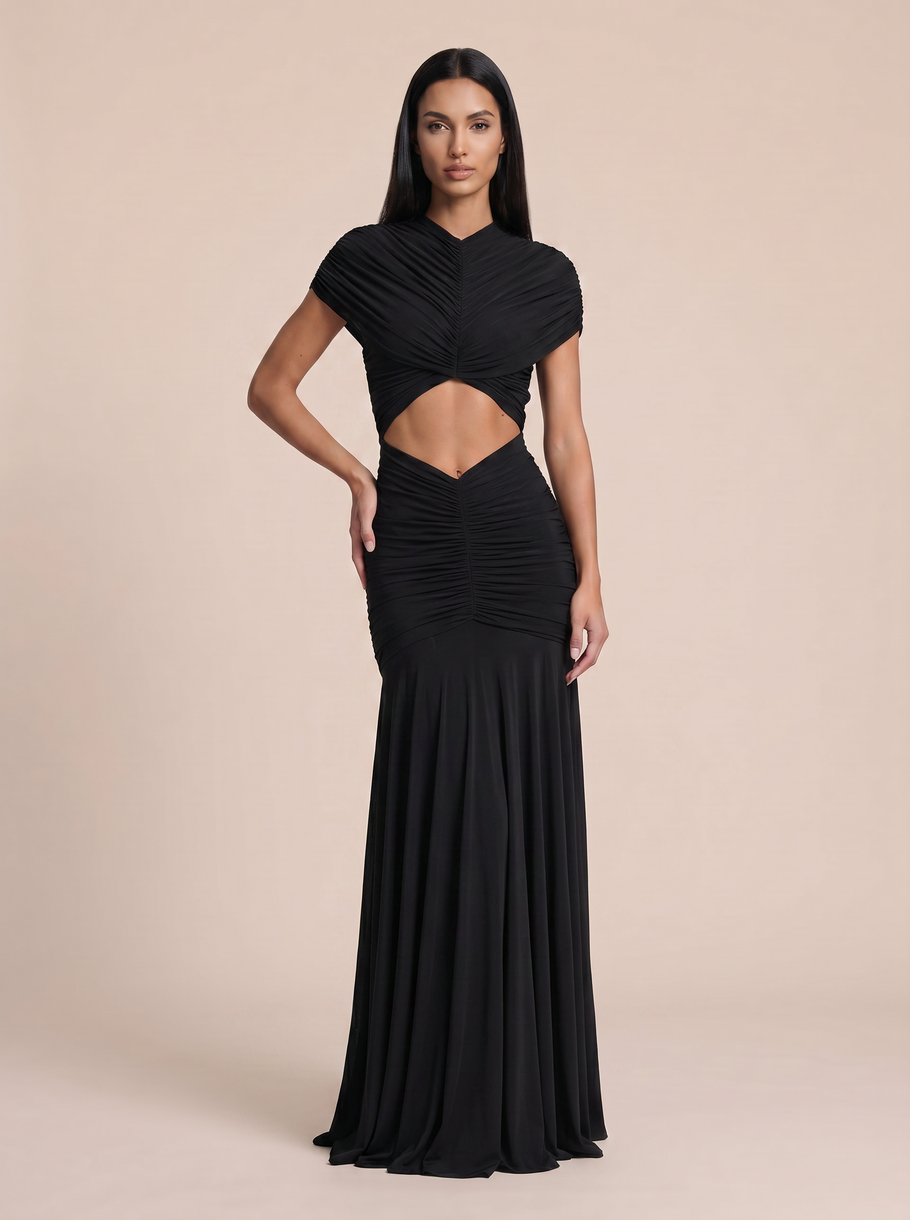 Jolie Turtleneck Ruched Short Sleeve A-line Maxi Dress