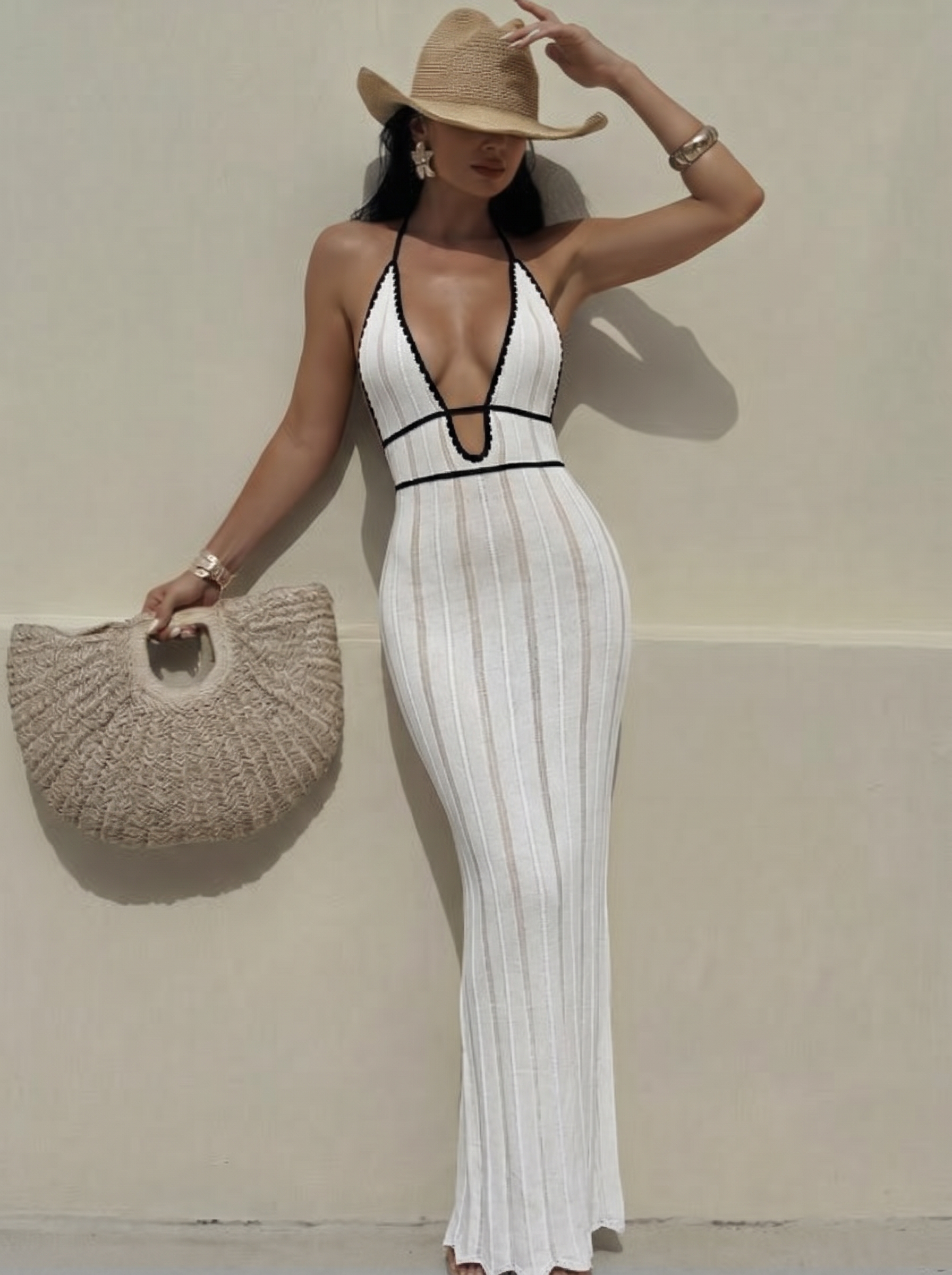 Alondra White V Backless Beach Crochet Maxi Dress