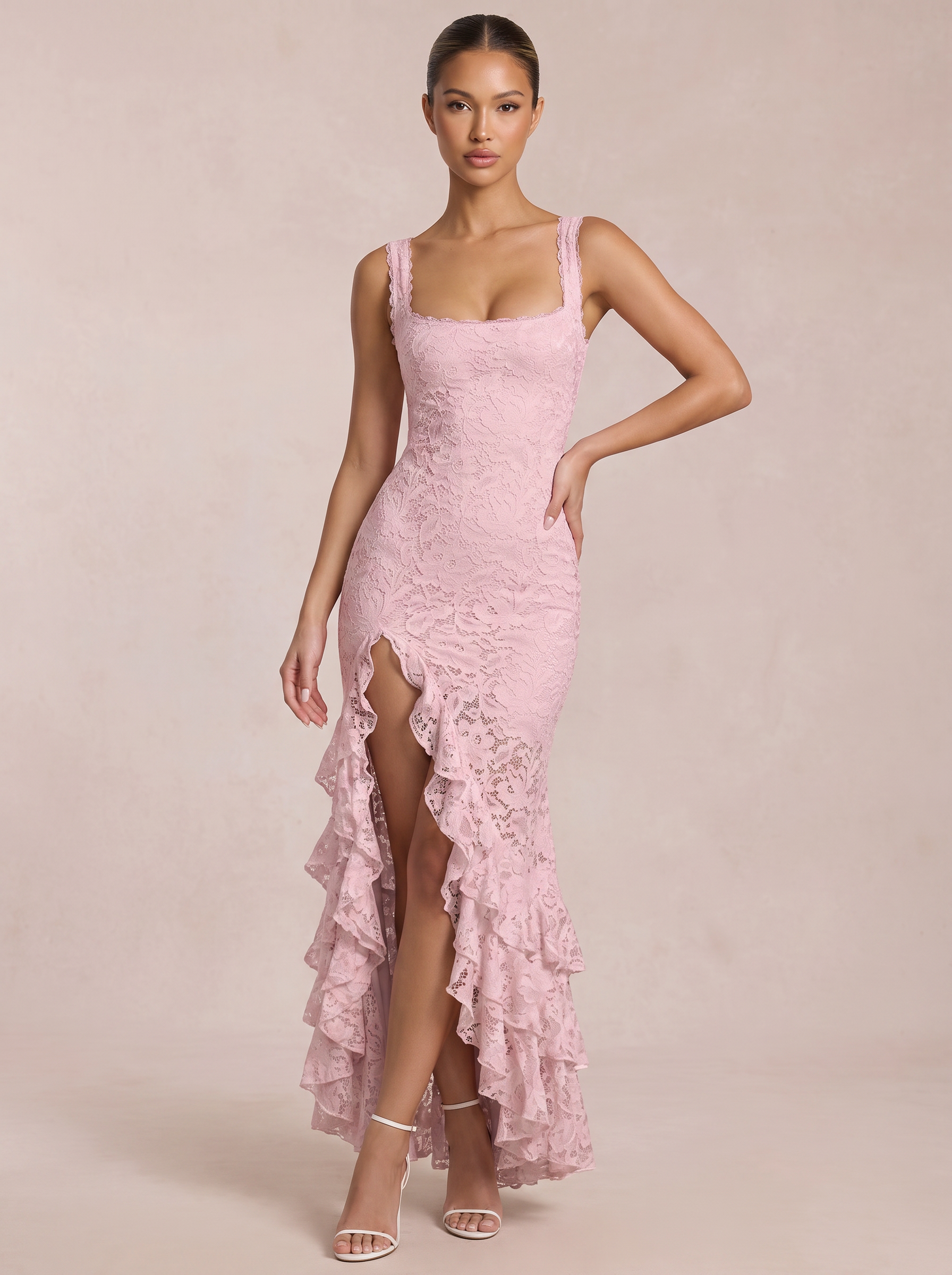 Marilyn Square Strap Ruffle Lace Mermaid Maxi Dress