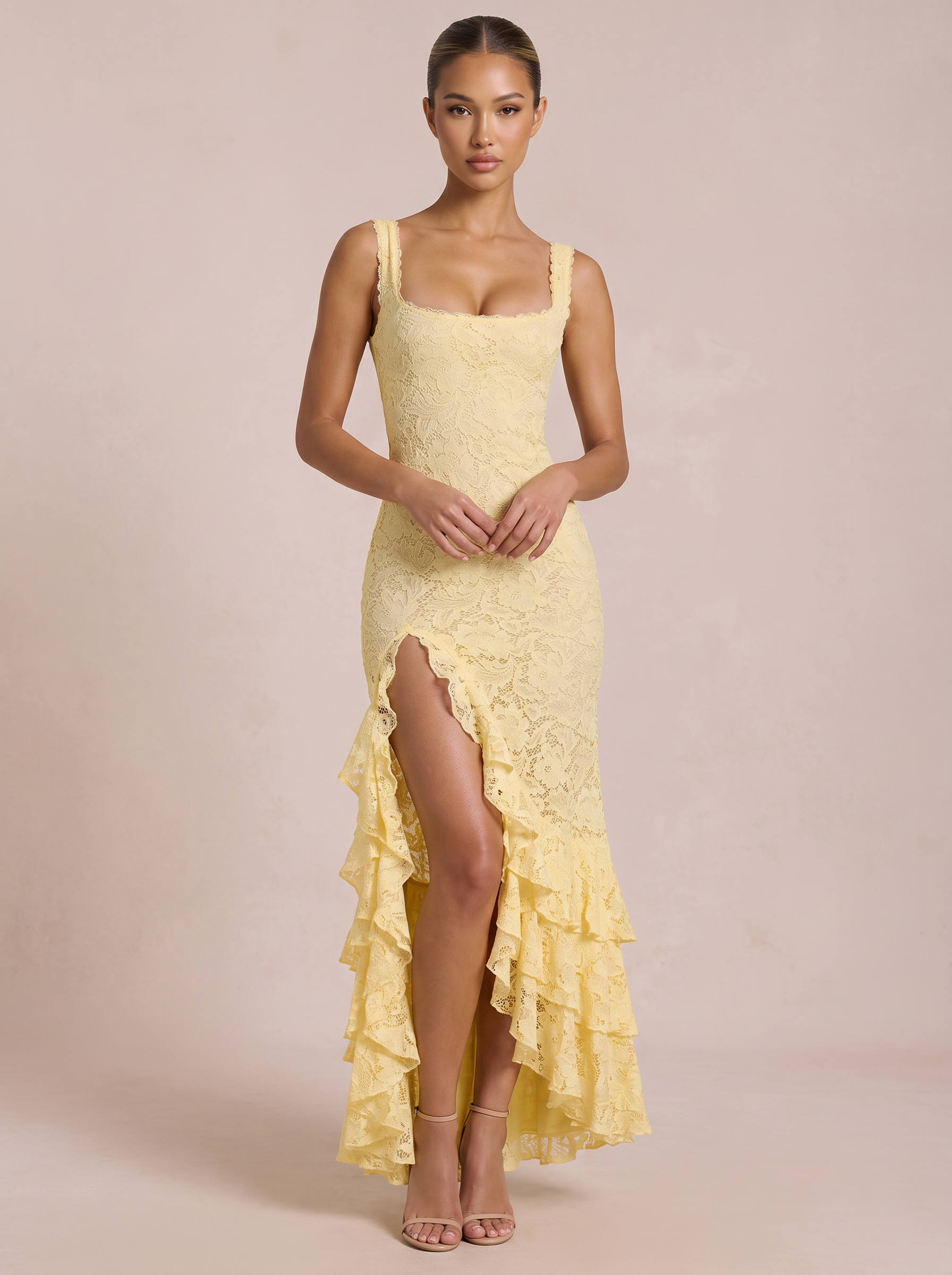 Marilyn Square Strap Ruffle Lace Mermaid Maxi Dress