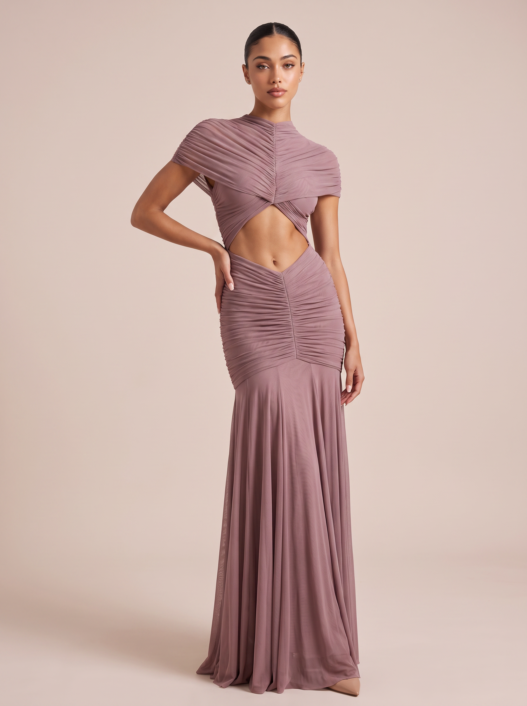 Miley Mesh Pleated Short Sleeve Maxi Dress