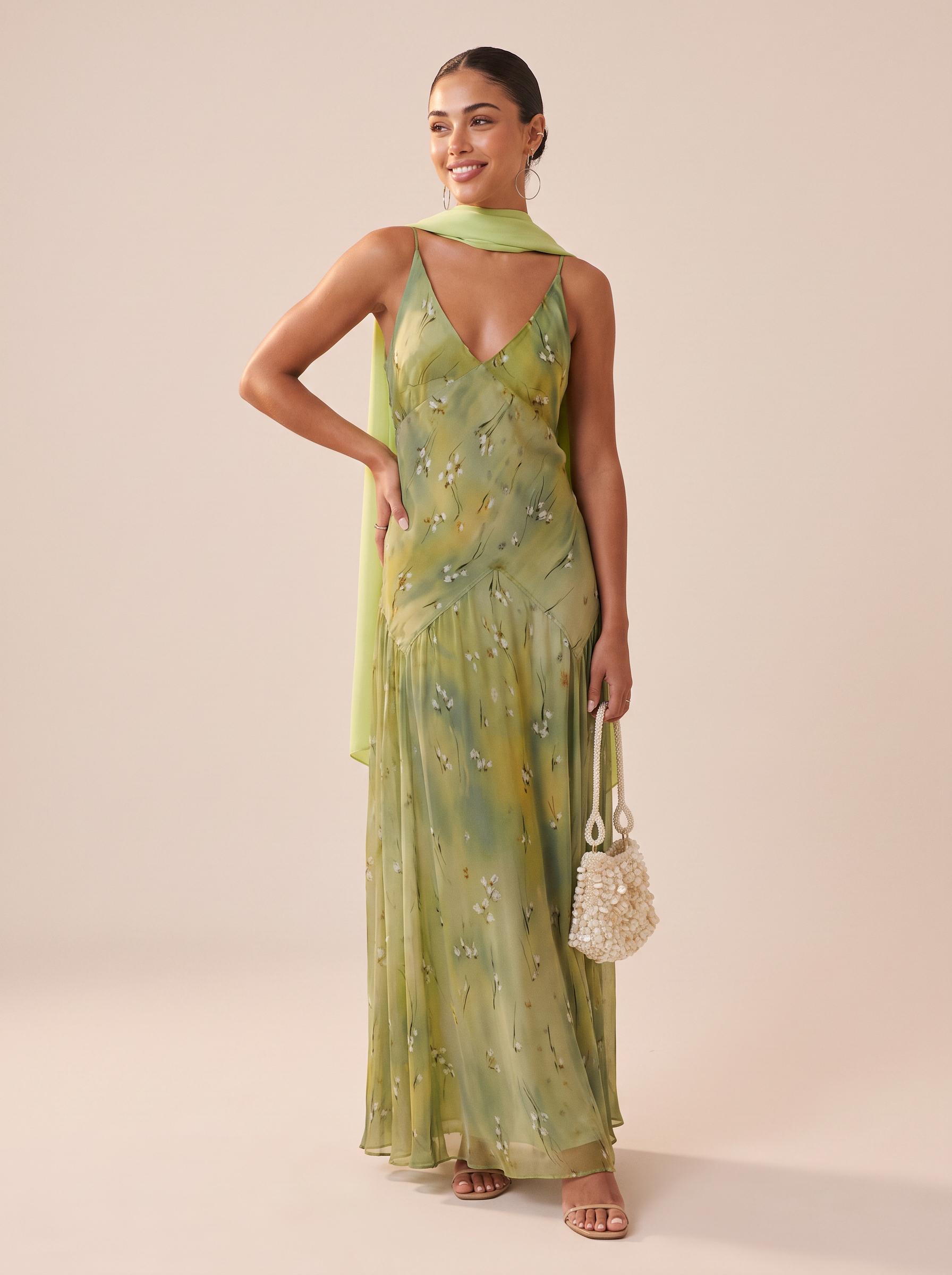 Innay Green Floral Print Spaghetti Strap V Neck Pleated Maxi Dress