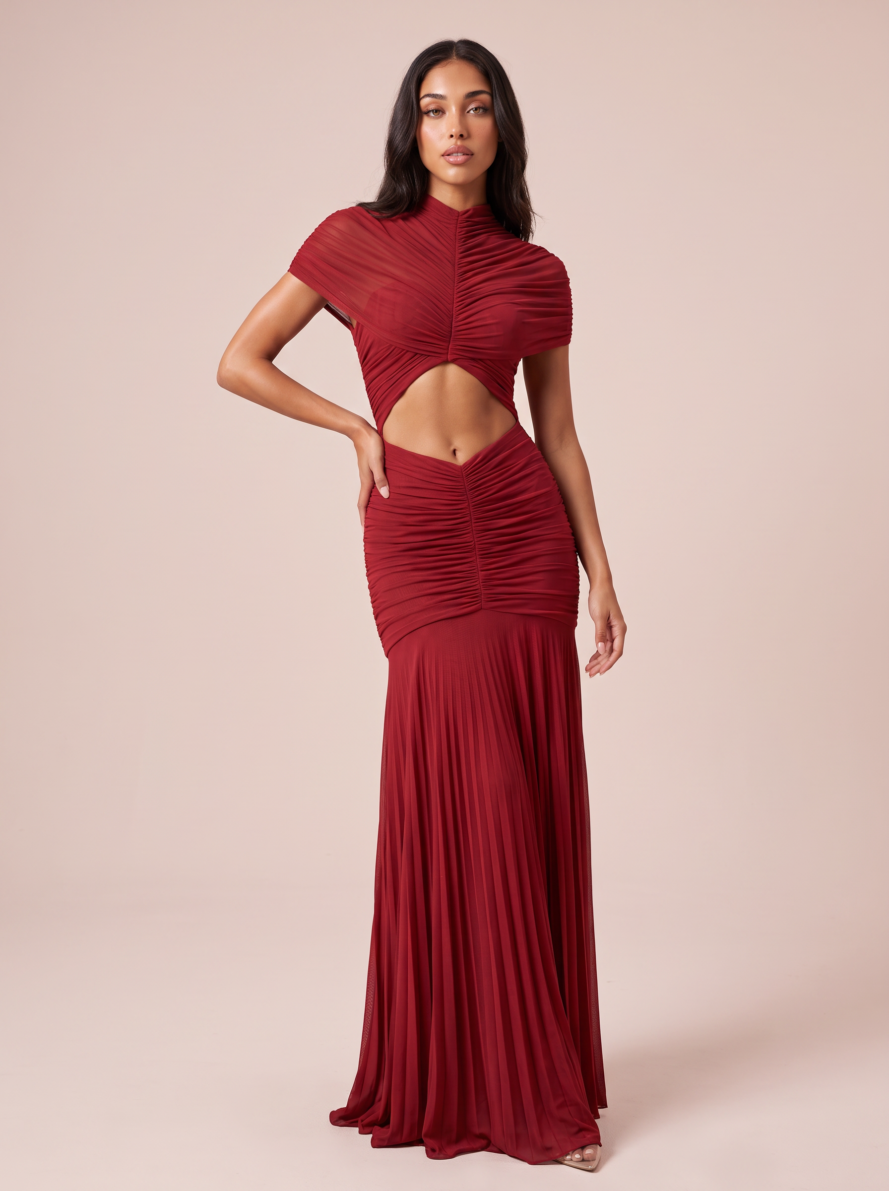 Miley Mesh Pleated Short Sleeve Maxi Dress
