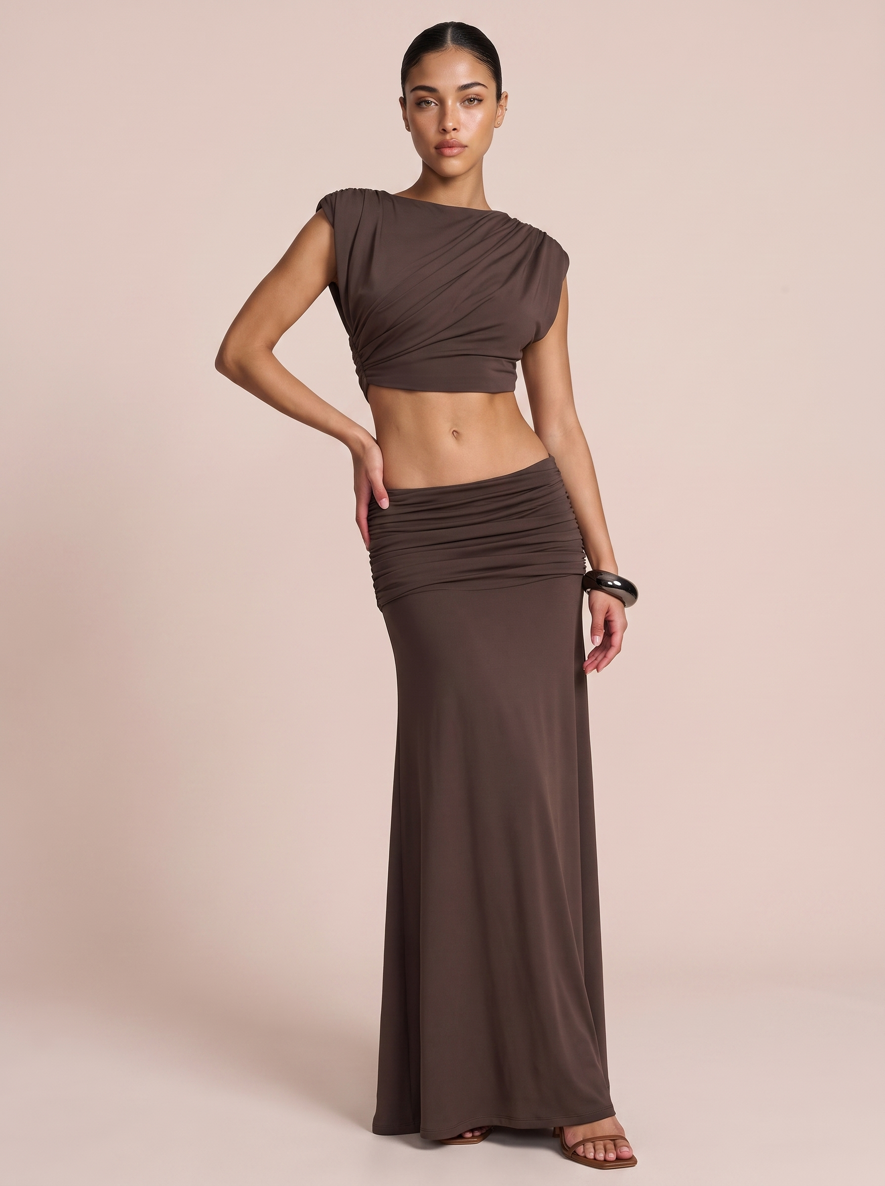 Pippa Two Piece Pleated Set Crop Top Midi Skirt