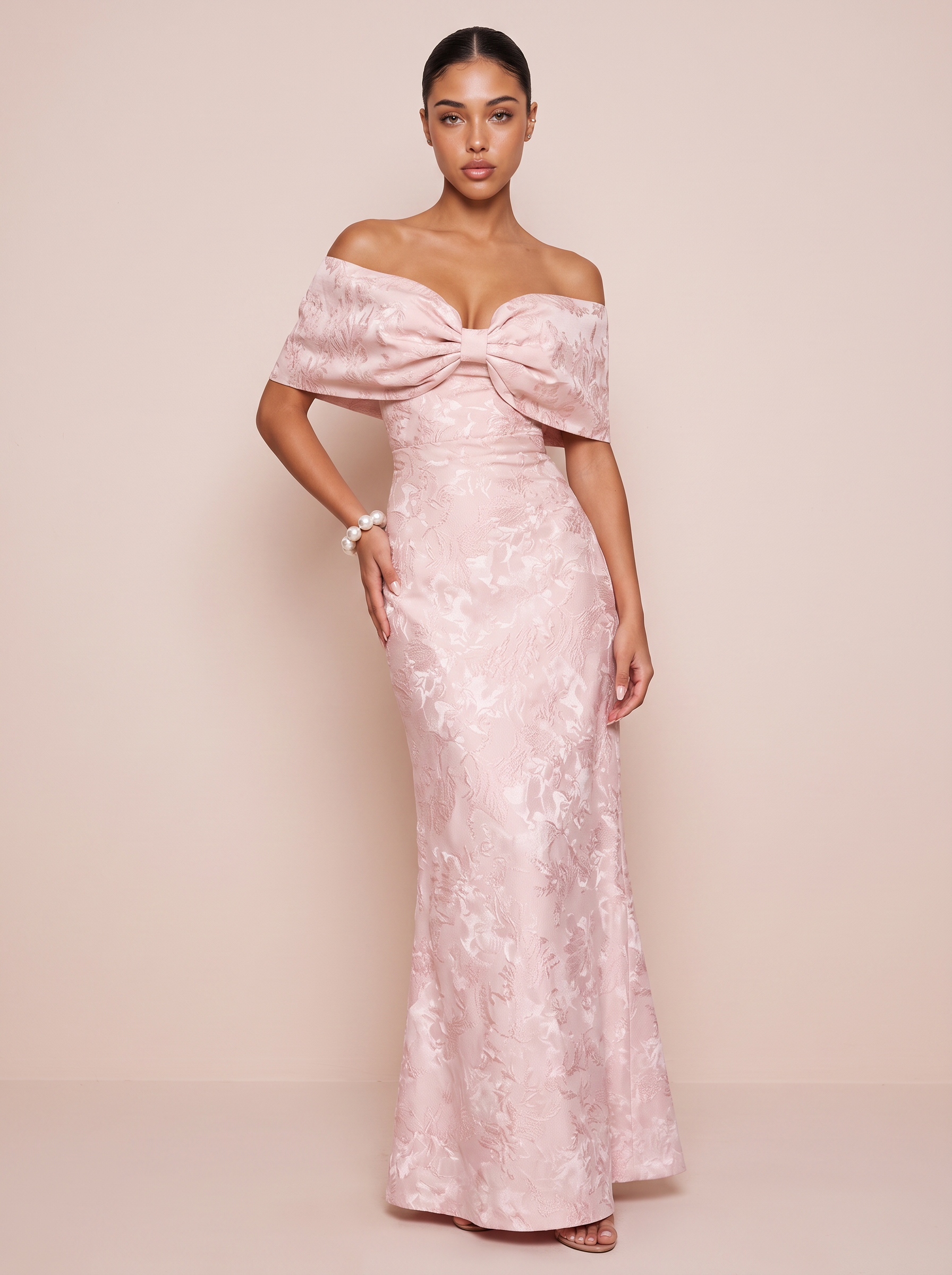 Leaona Pink Off Shoulder Bow Satin Maxi Dress