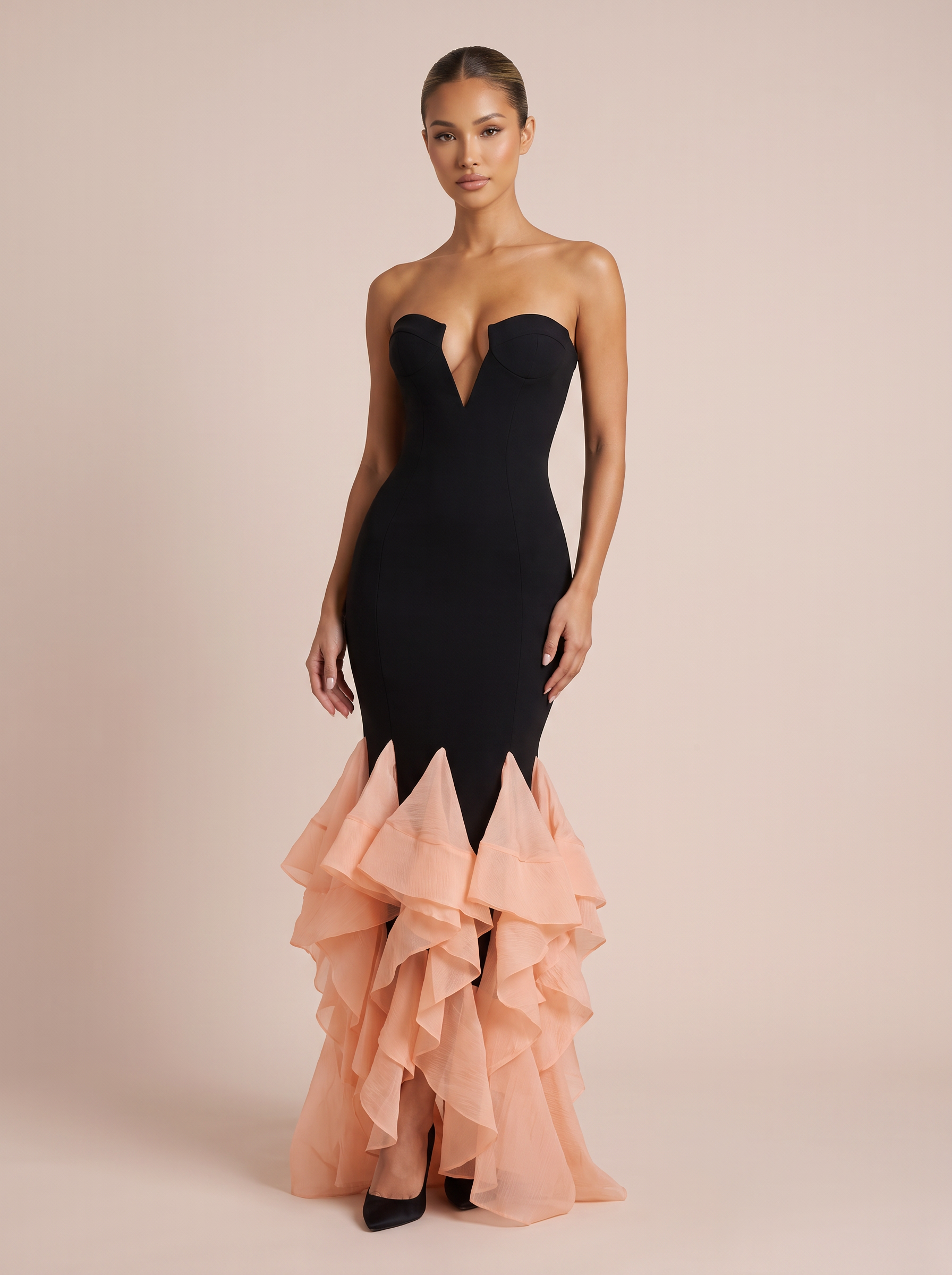 Brielle Strapless Black Ruffle Mesh Maxi Dress