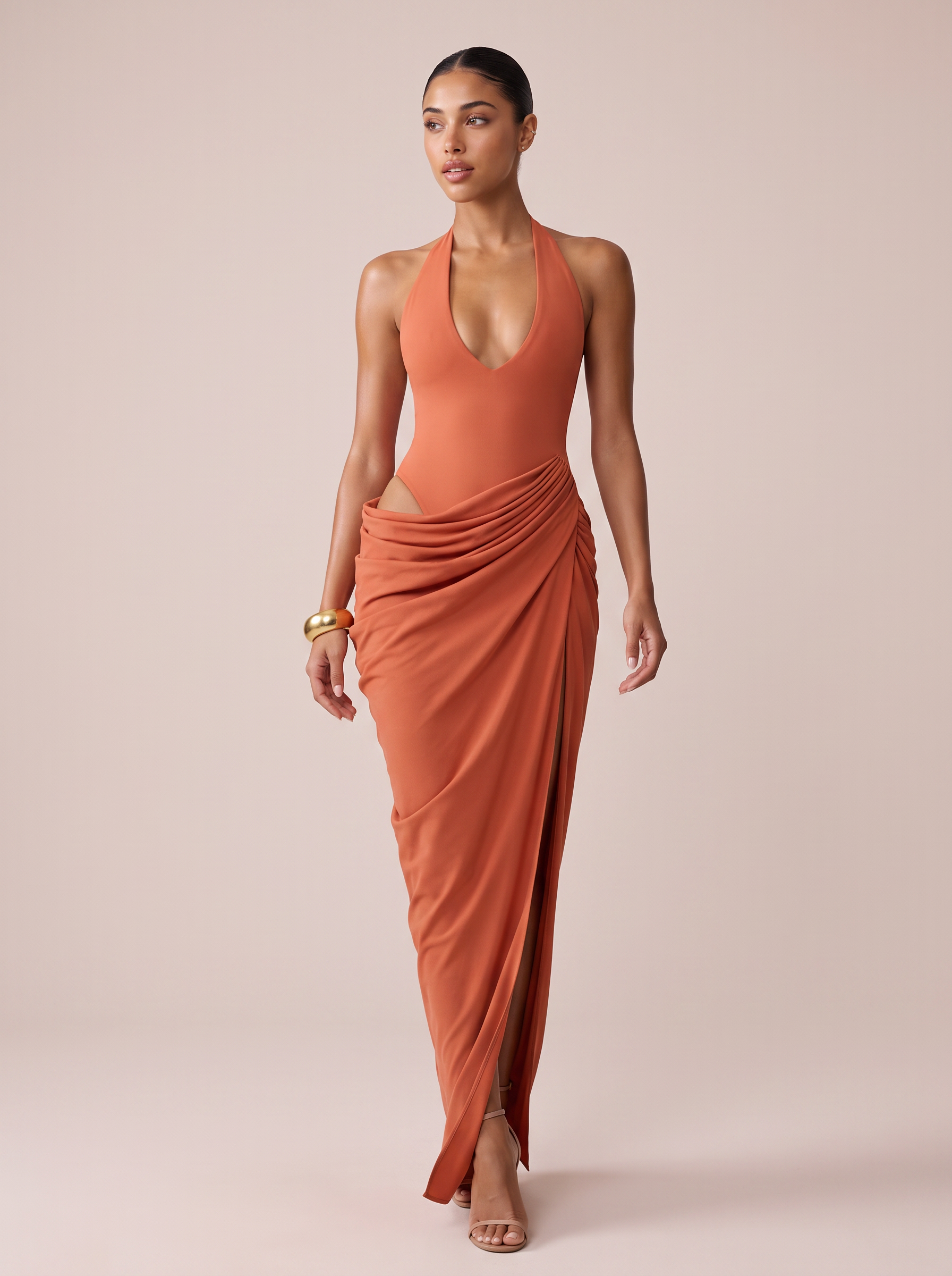 Audrina V Neck Halter Backless Maxi Dress