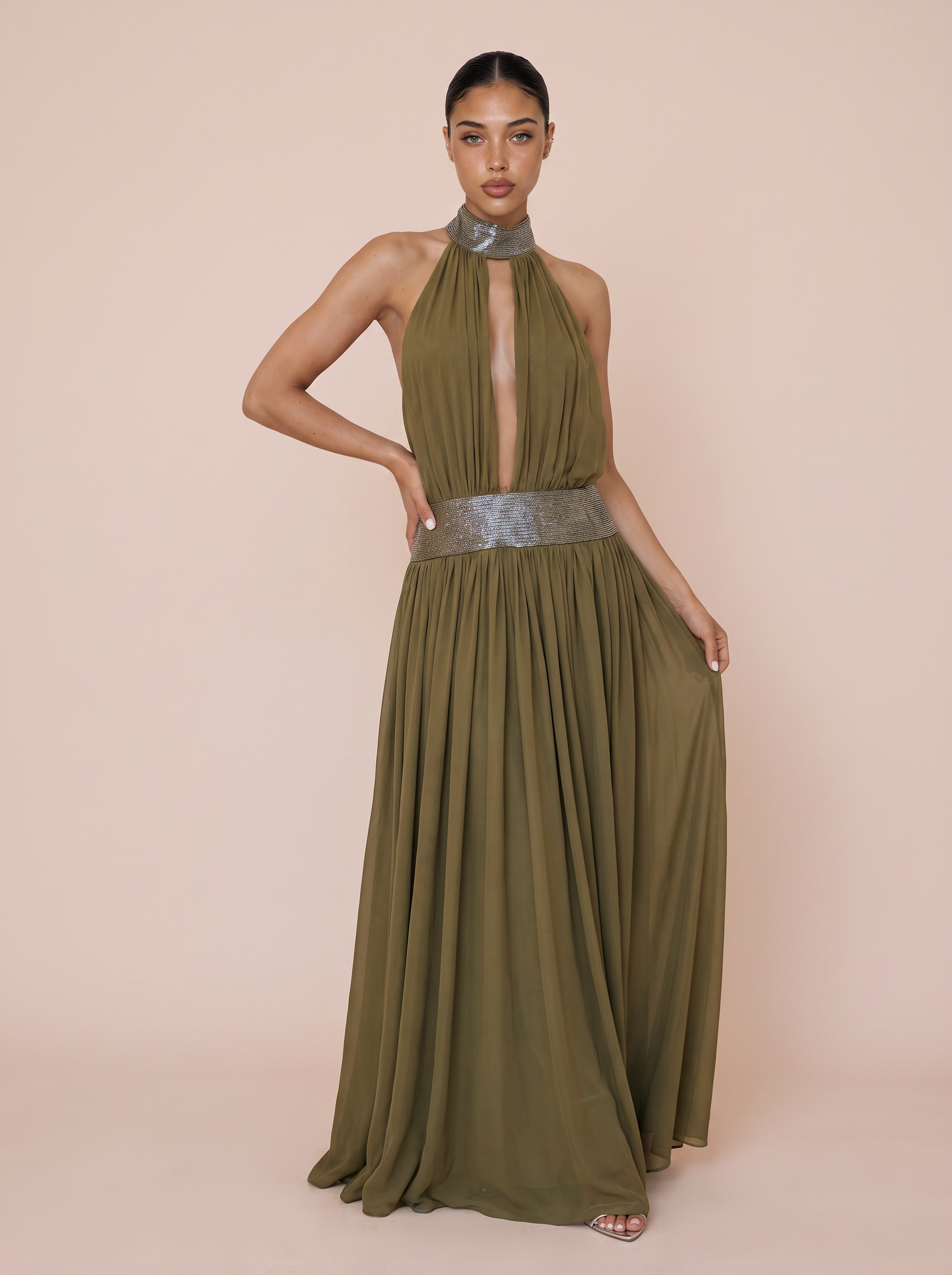 Sloane Halter Cut Out Sequin Backless Maxi Dress