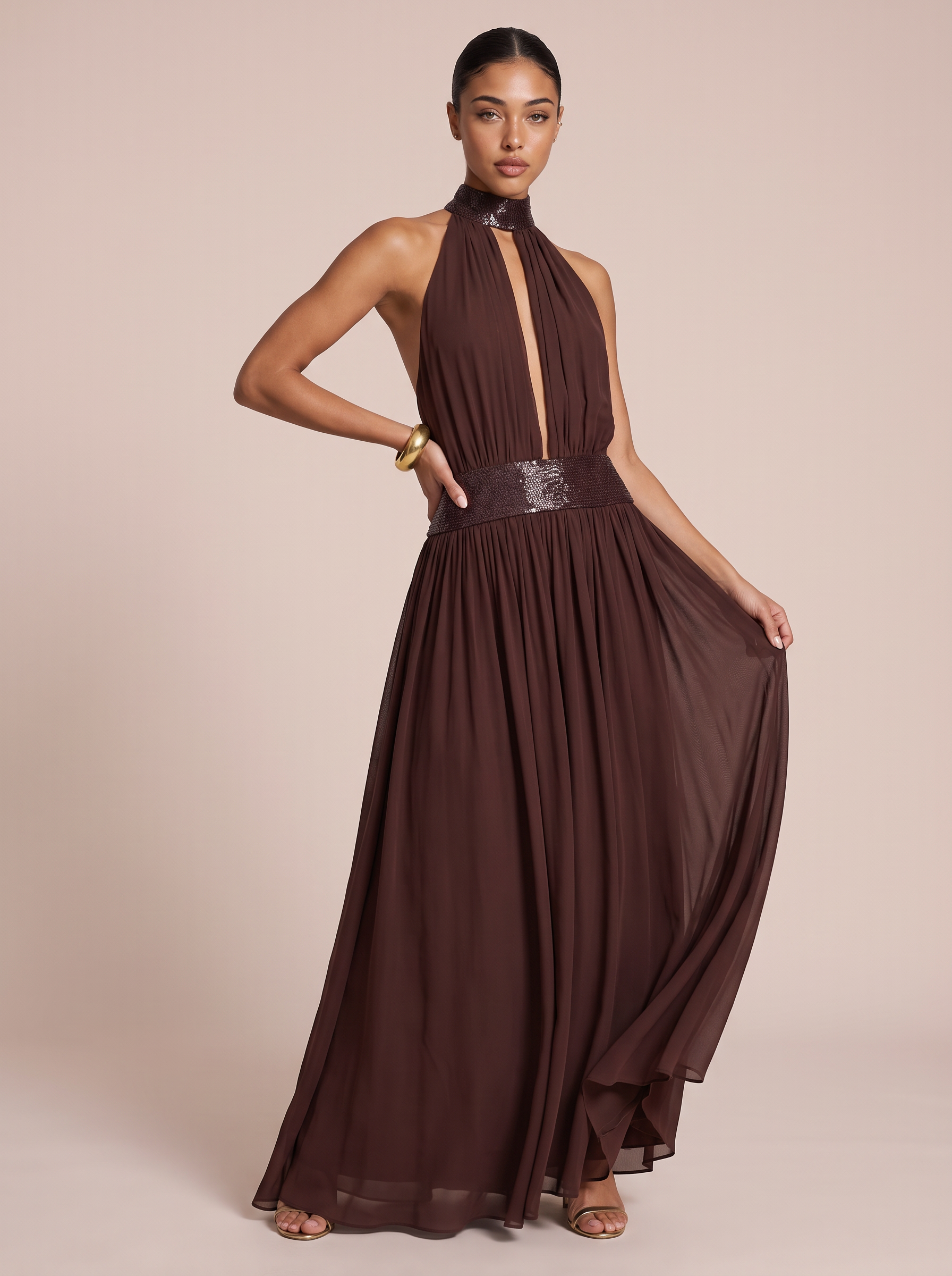 Sloane Halter Cut Out Sequin Backless Maxi Dress