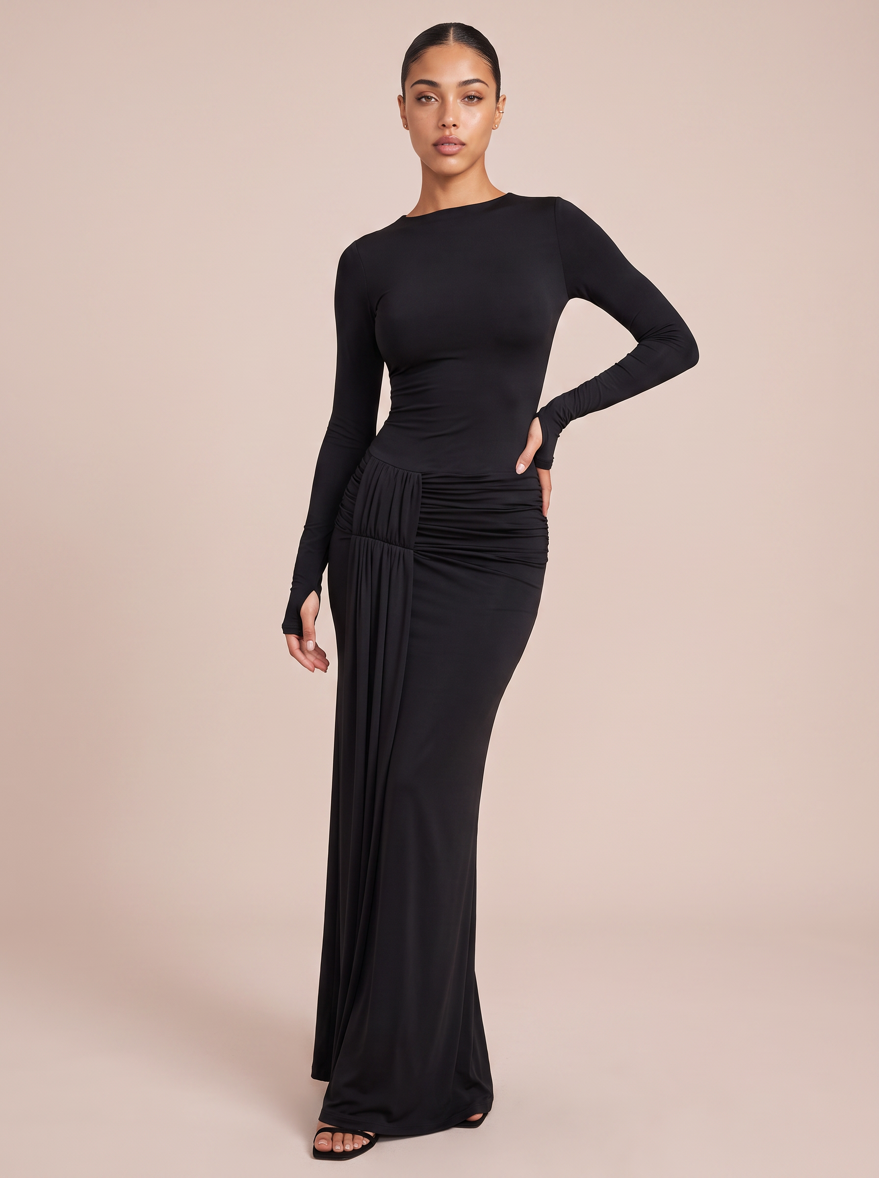 Kimmy Black Long Sleeve O Neck Pullover Maxi Dress