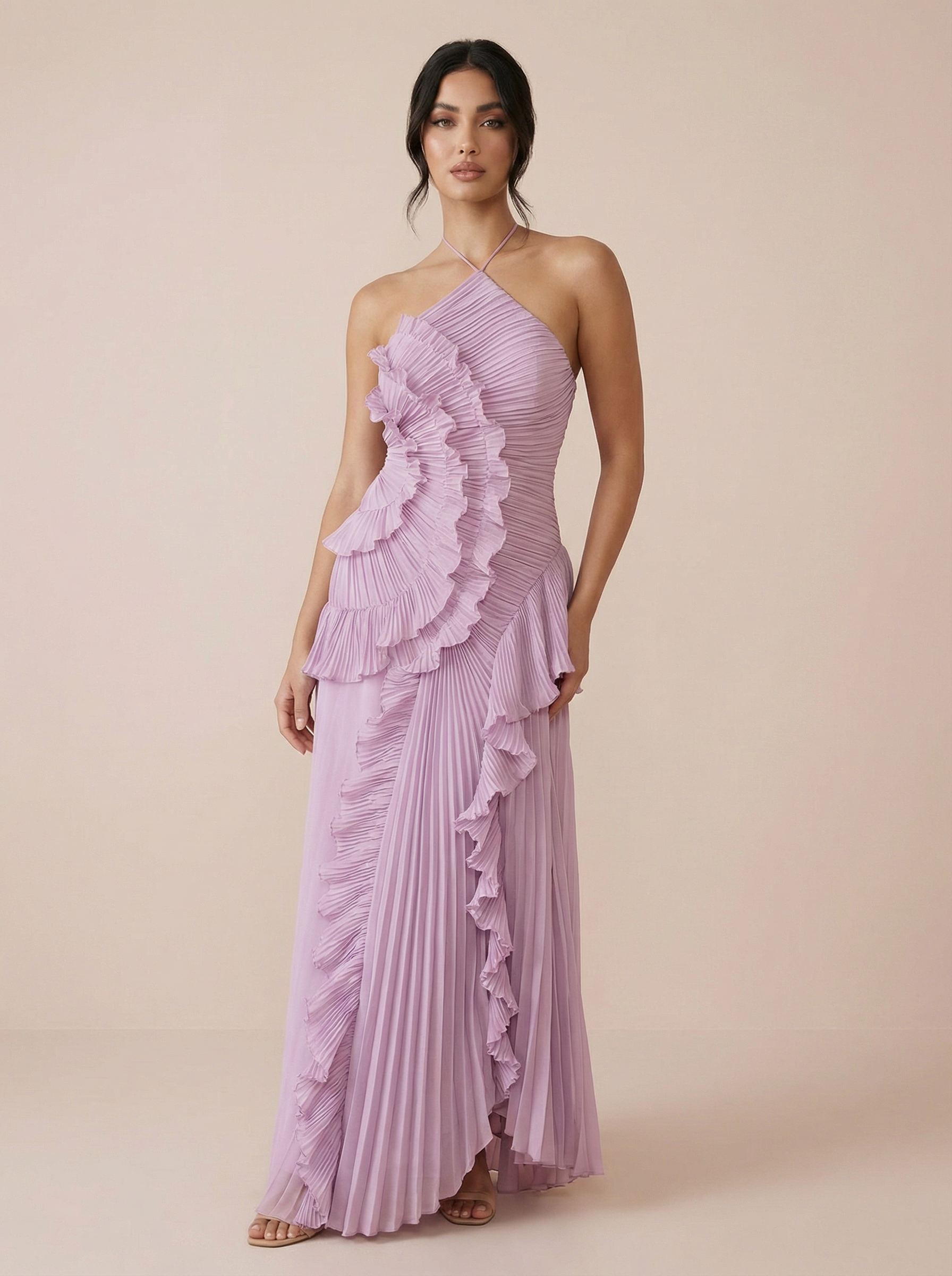 Adele Elegant Halter A Line Ruffle Maxi Dress