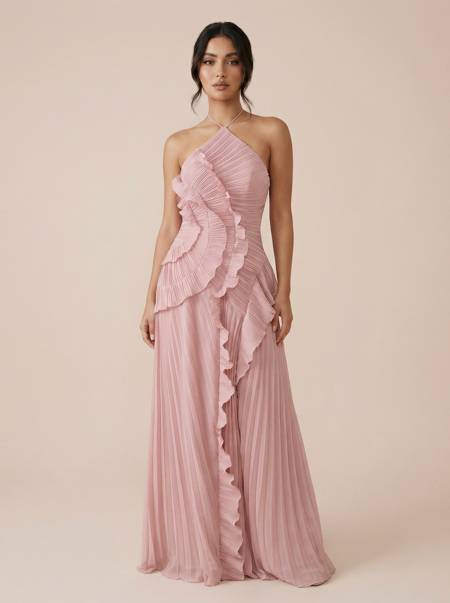 Adele Elegant Halter A Line Ruffle Maxi Dress
