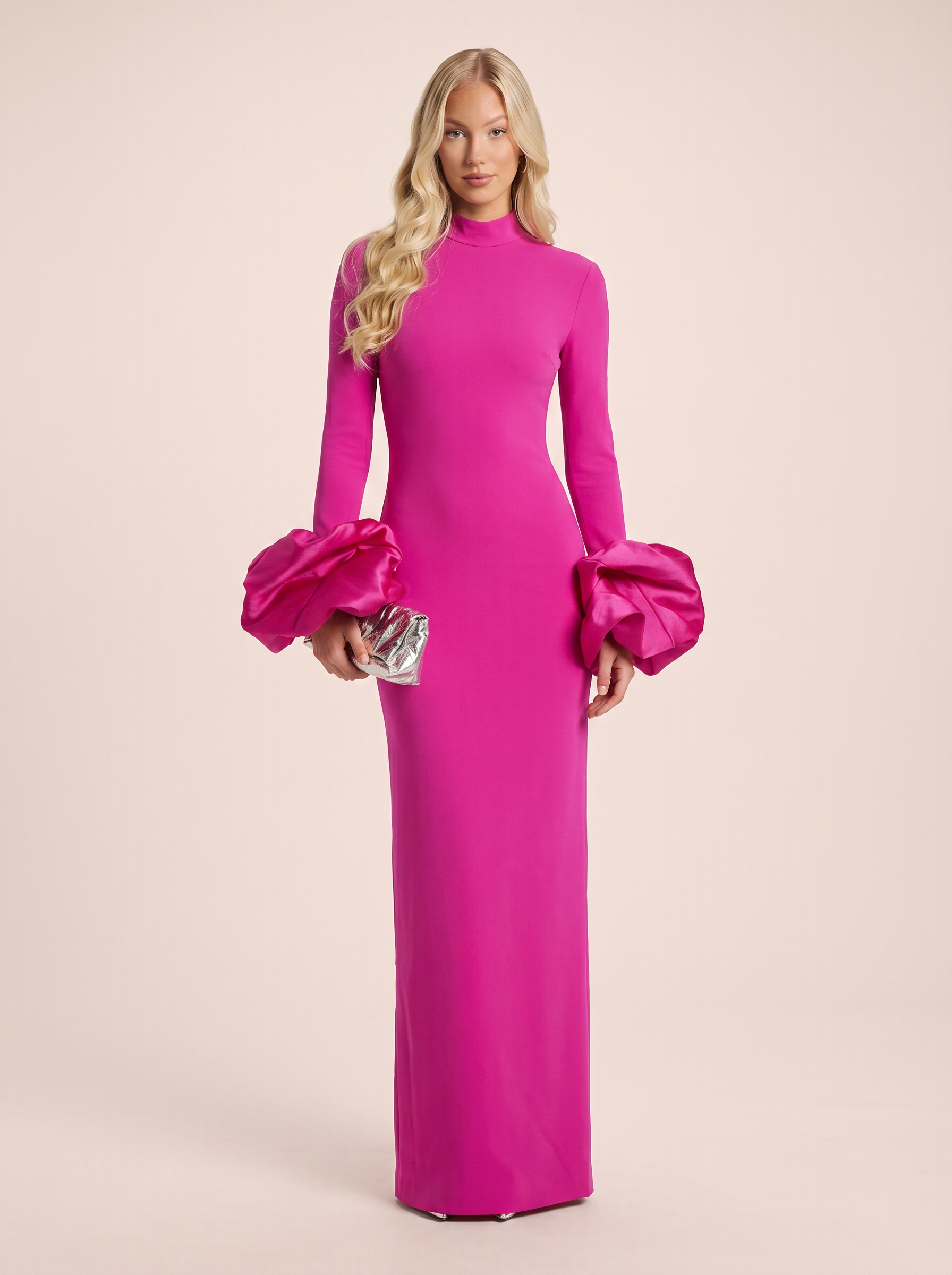 Laurine Pink O Neck Lantern Sleeve Long Sleeve Maxi Dress