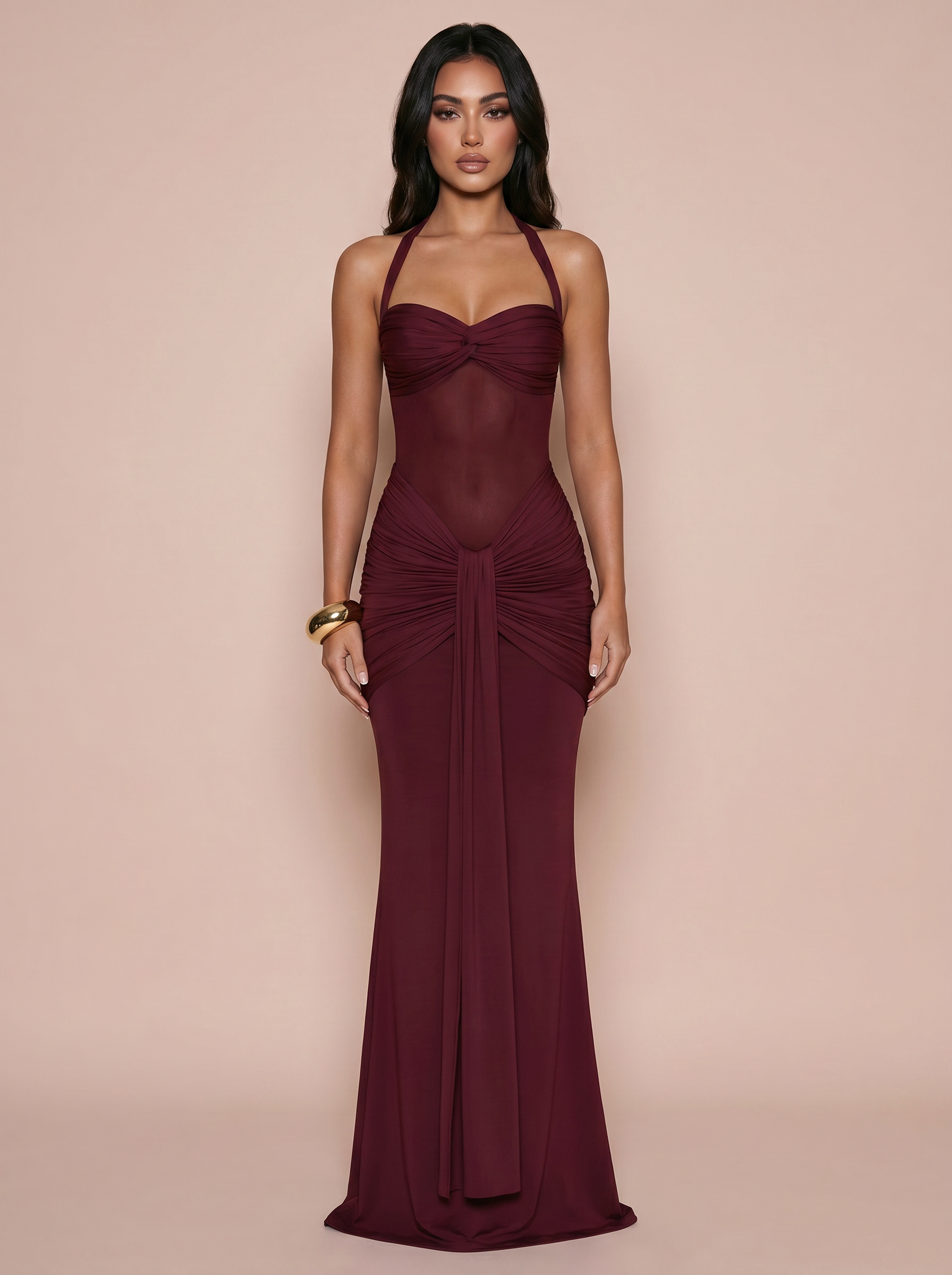 Eualie Halter Mesh Bodycon Ruched Maxi Dress