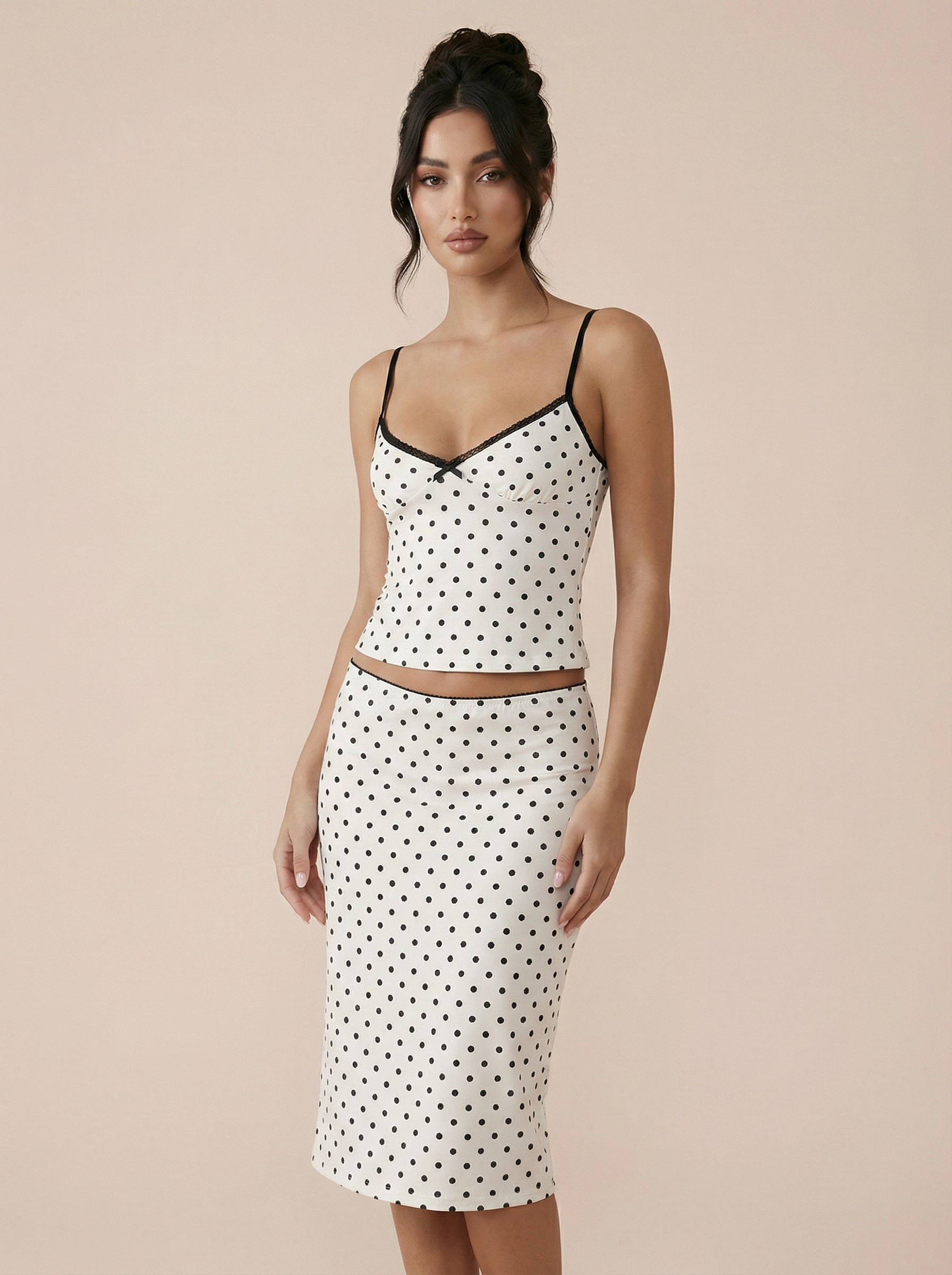 Katia Polka Dot White Two Piece Cami Top and Midi Skirt Set