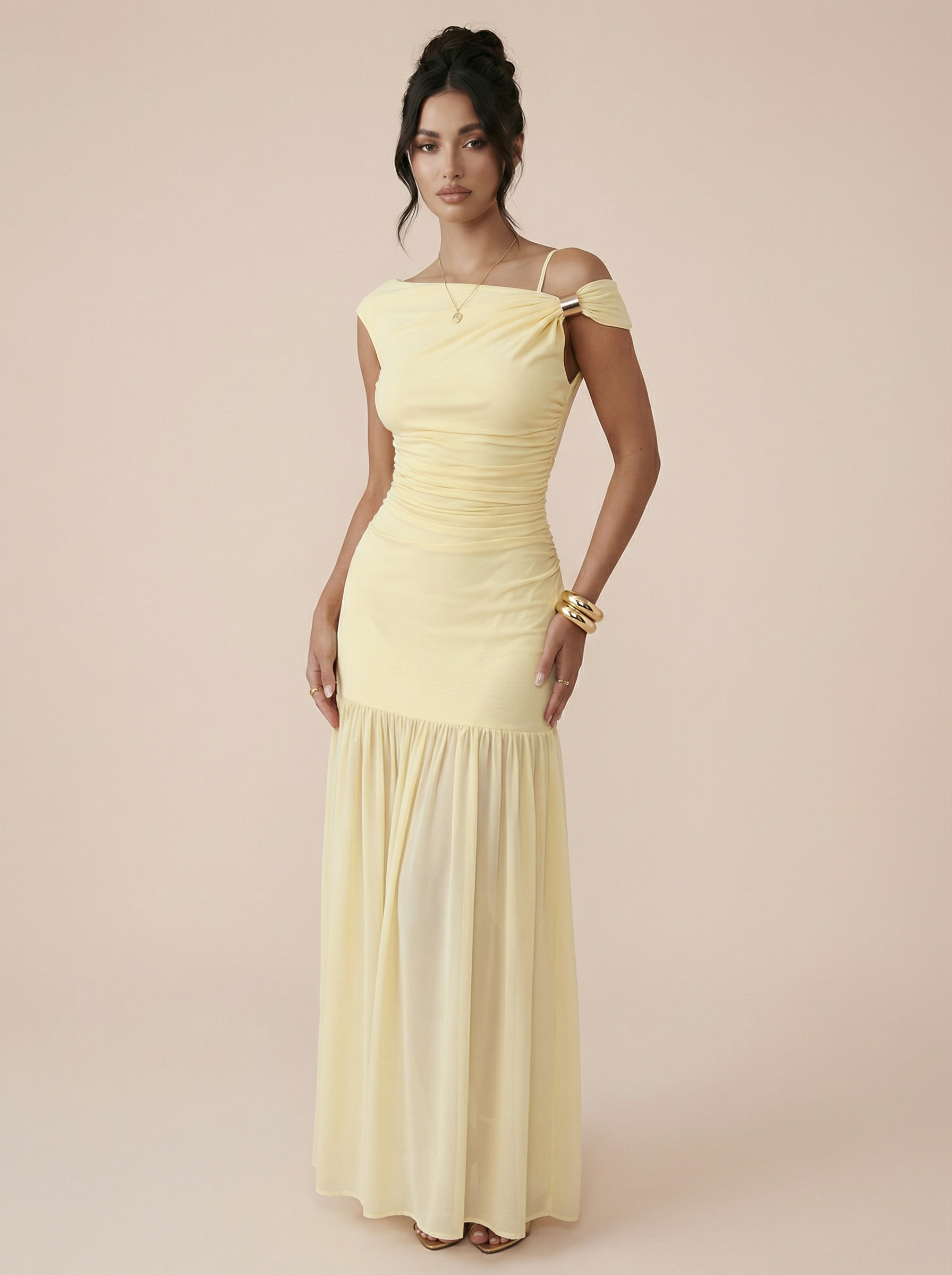 Lia Elegant Sleeveless Asymmetrical Pleated Maxi Dress