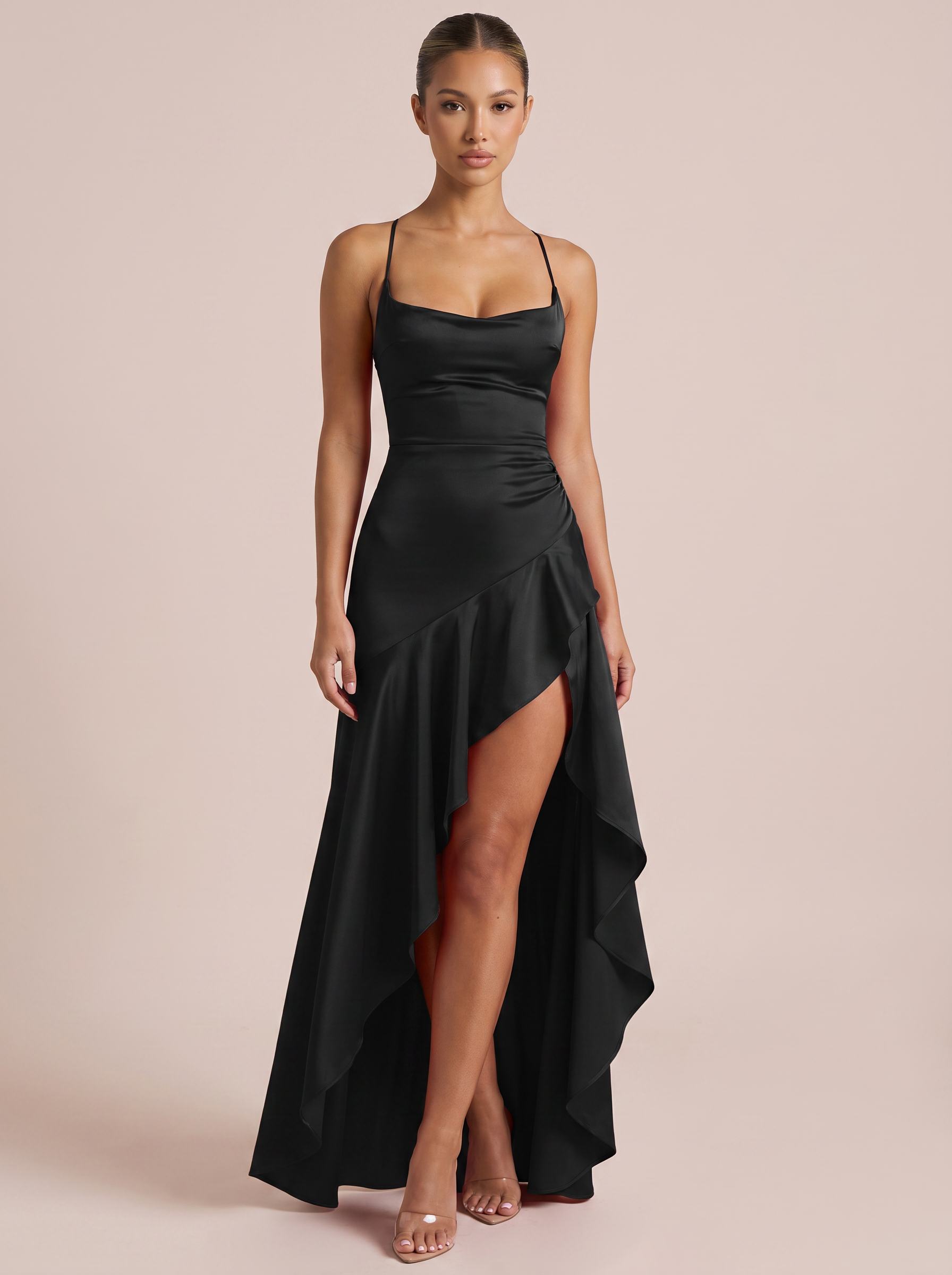 Jojo Elegant Black Satin Spaghetti Strap Maxi Dress