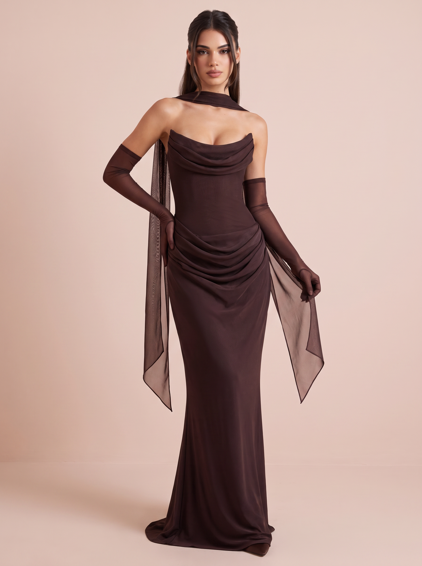 Serena Brown Strapless Elegant Scarf Maxi Dress