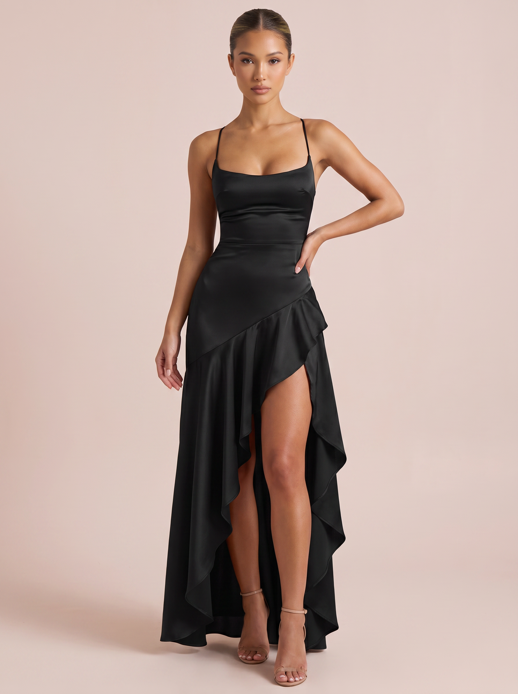 Jojo Elegant Black Satin Spaghetti Strap Maxi Dress