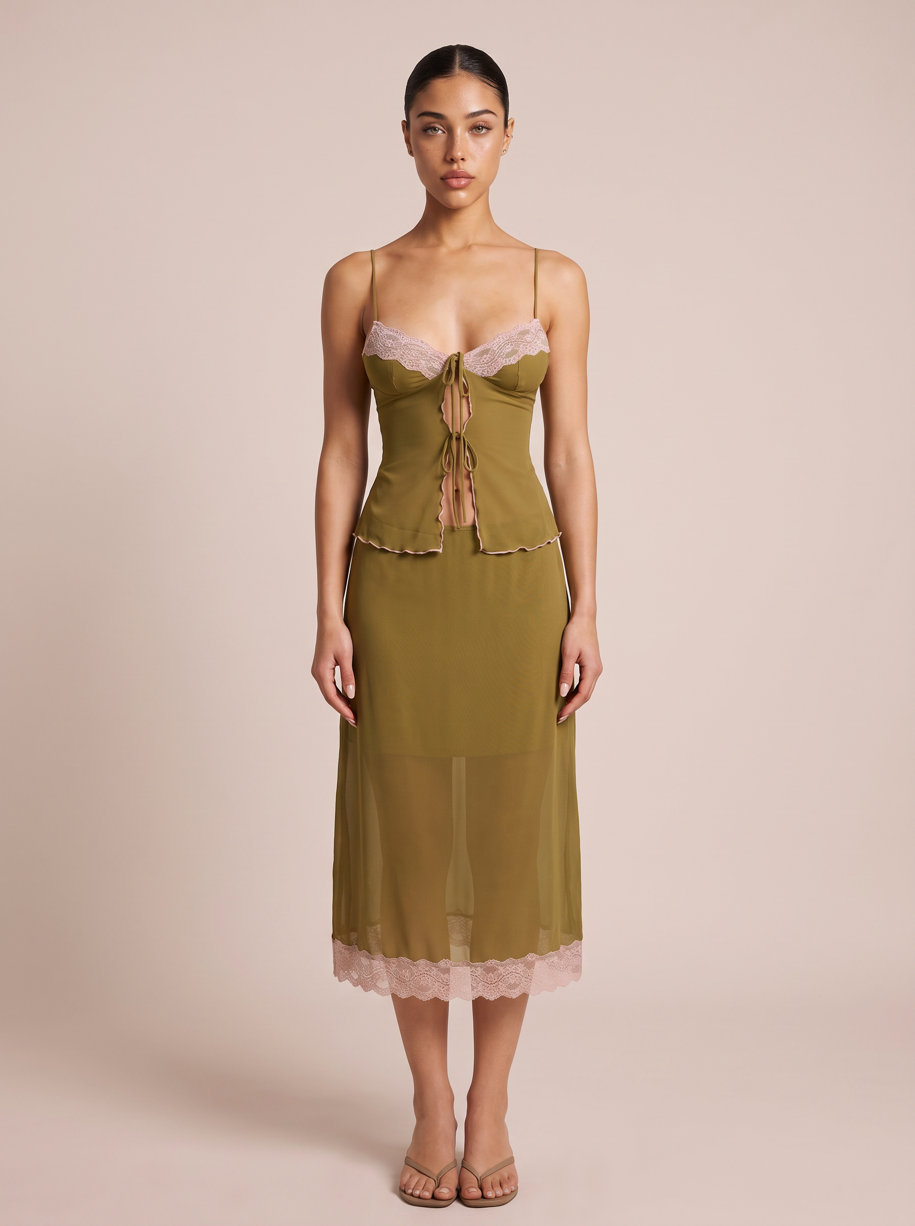 Freya Green Crop Cami Top Sheer Slit Skirt Female Two Piece