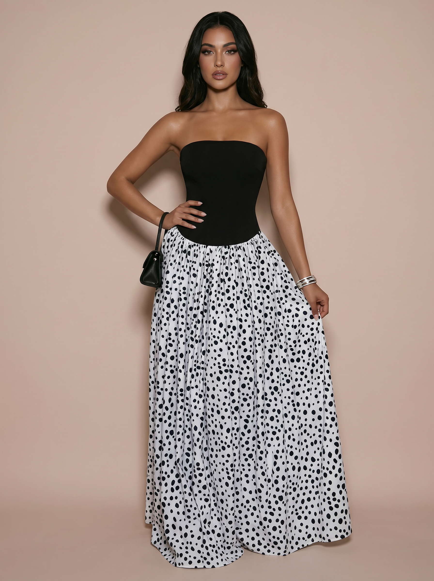 Ezra Polka Dot Printed Patchwork Strapless Maxi Dress