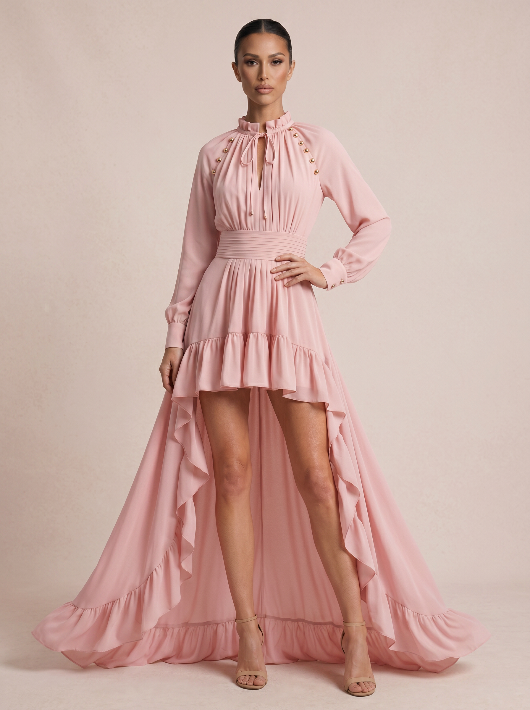 Rhode Pink Long Sleeve Ruffle Maxi Dress