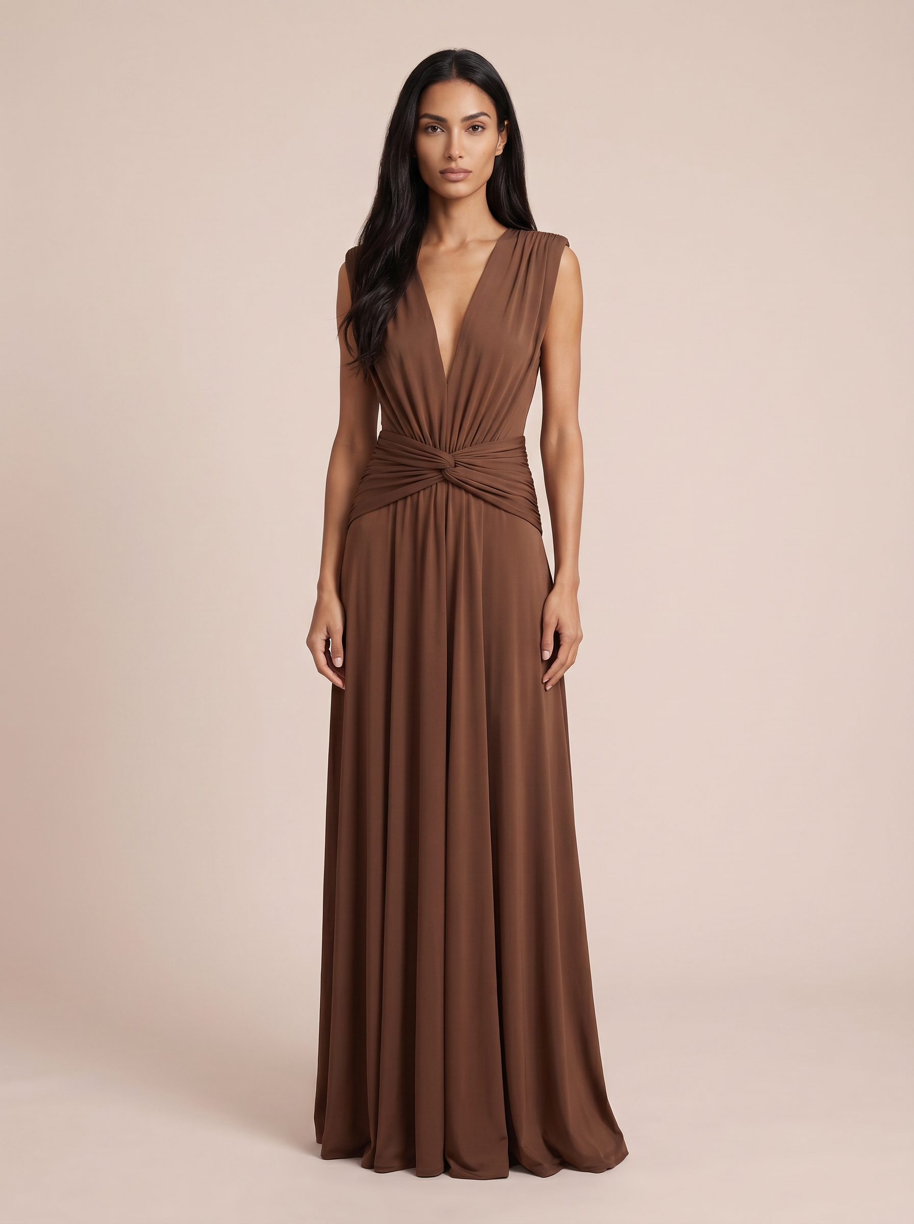 Dovelle Brown Sleeveless Deep V-Neck Ruched Maxi Dresses