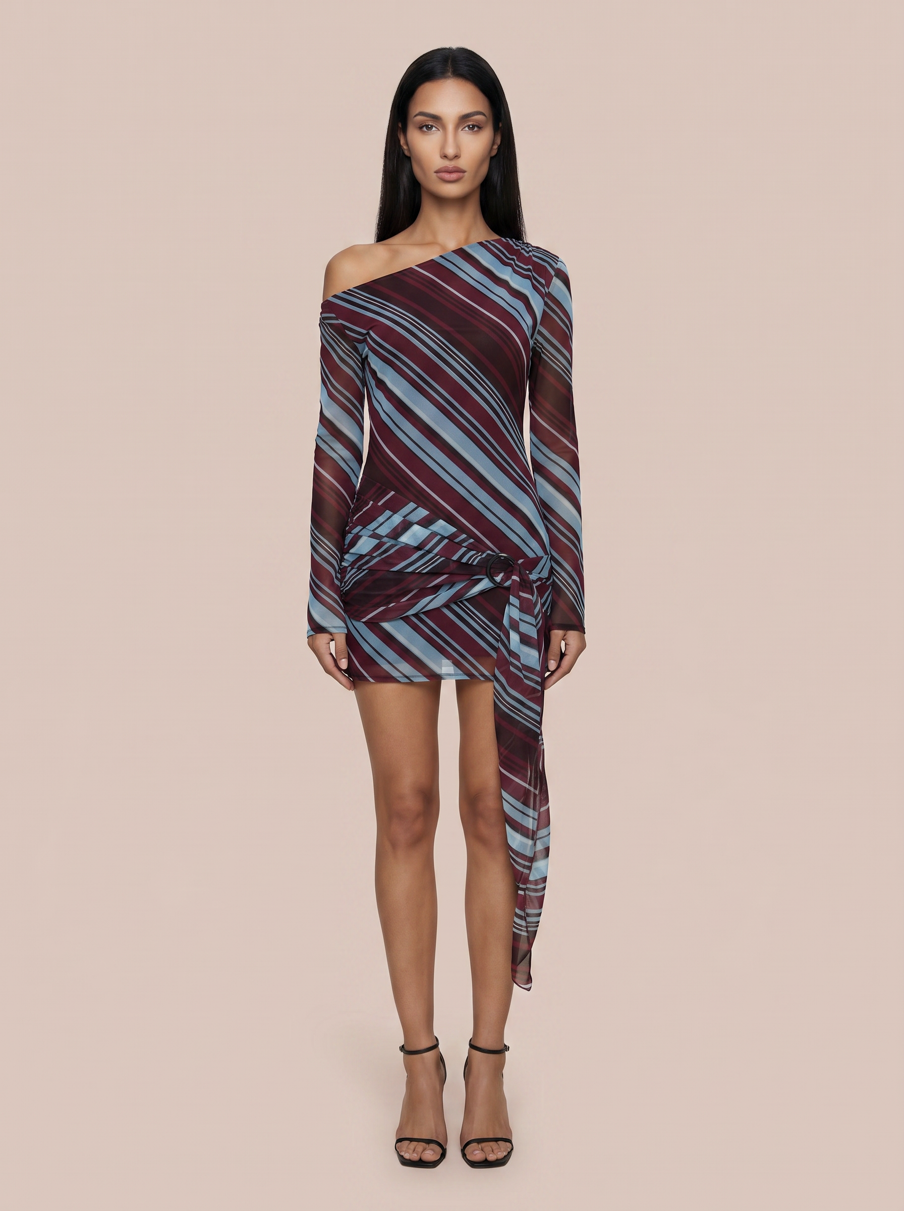 Kristie Long Sleeve One Shoulder Printed Striped Beach Mini Dress