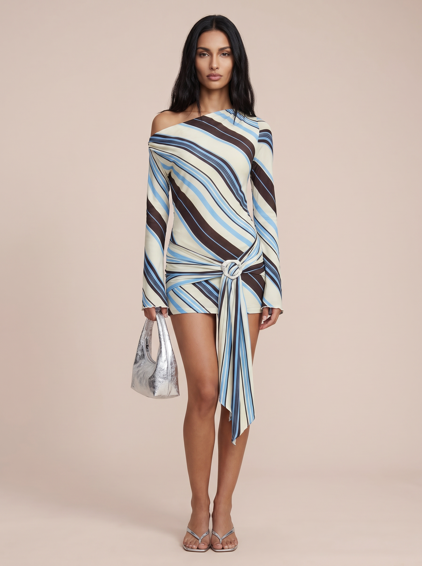 Kristie Long Sleeve One Shoulder Printed Striped Beach Mini Dress