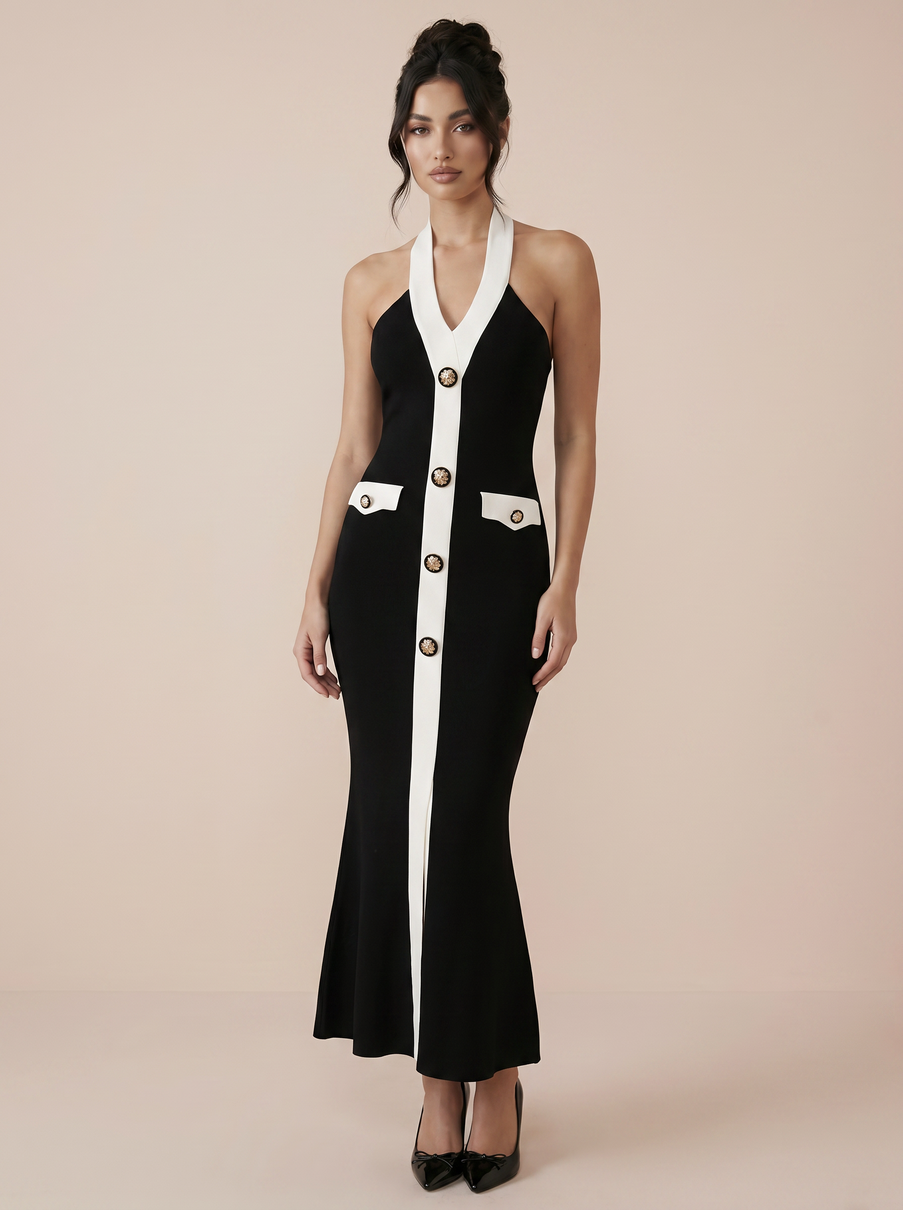 Weylira Button Black & White Halter Neck Midi Dress