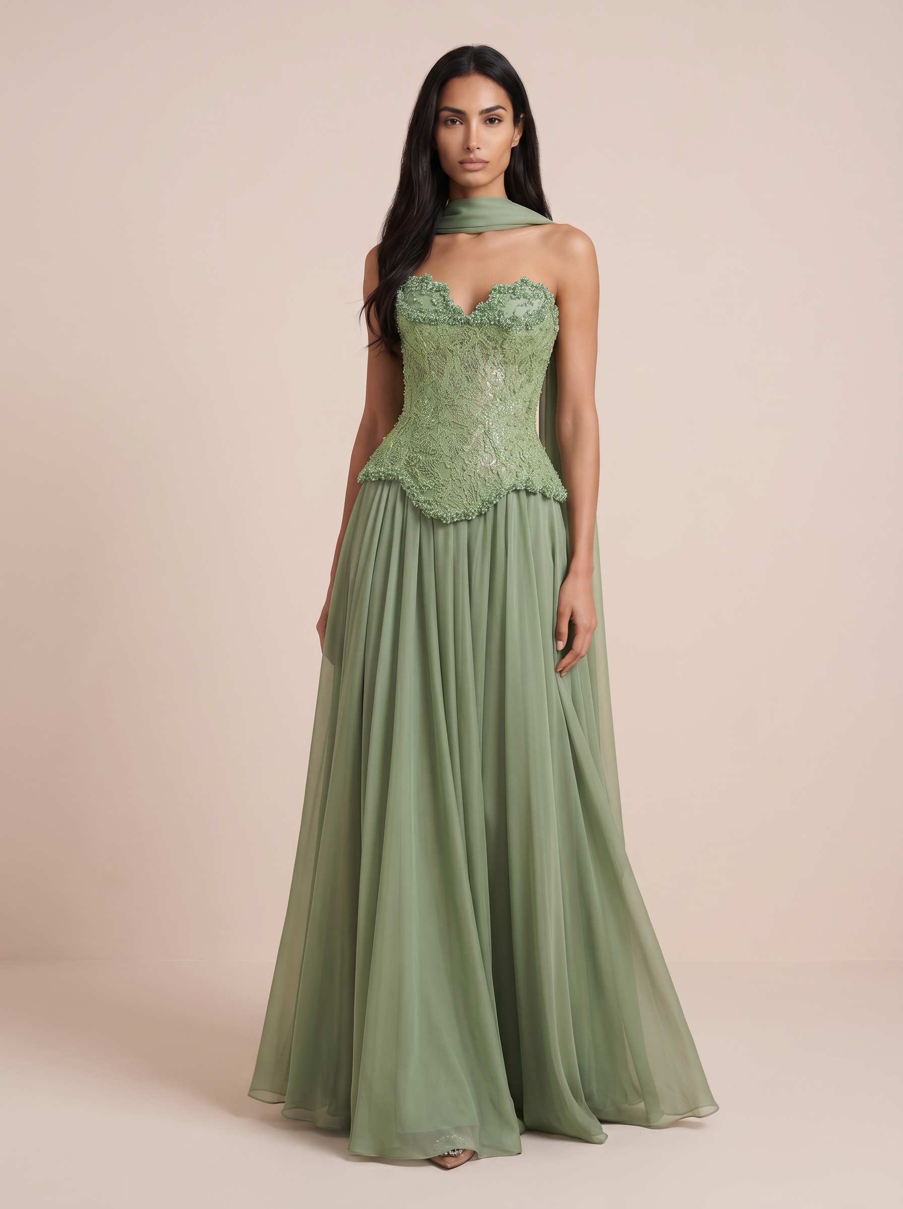 Elegant Havelle Beaded Corset Strapless Embroidered Maxi Dress