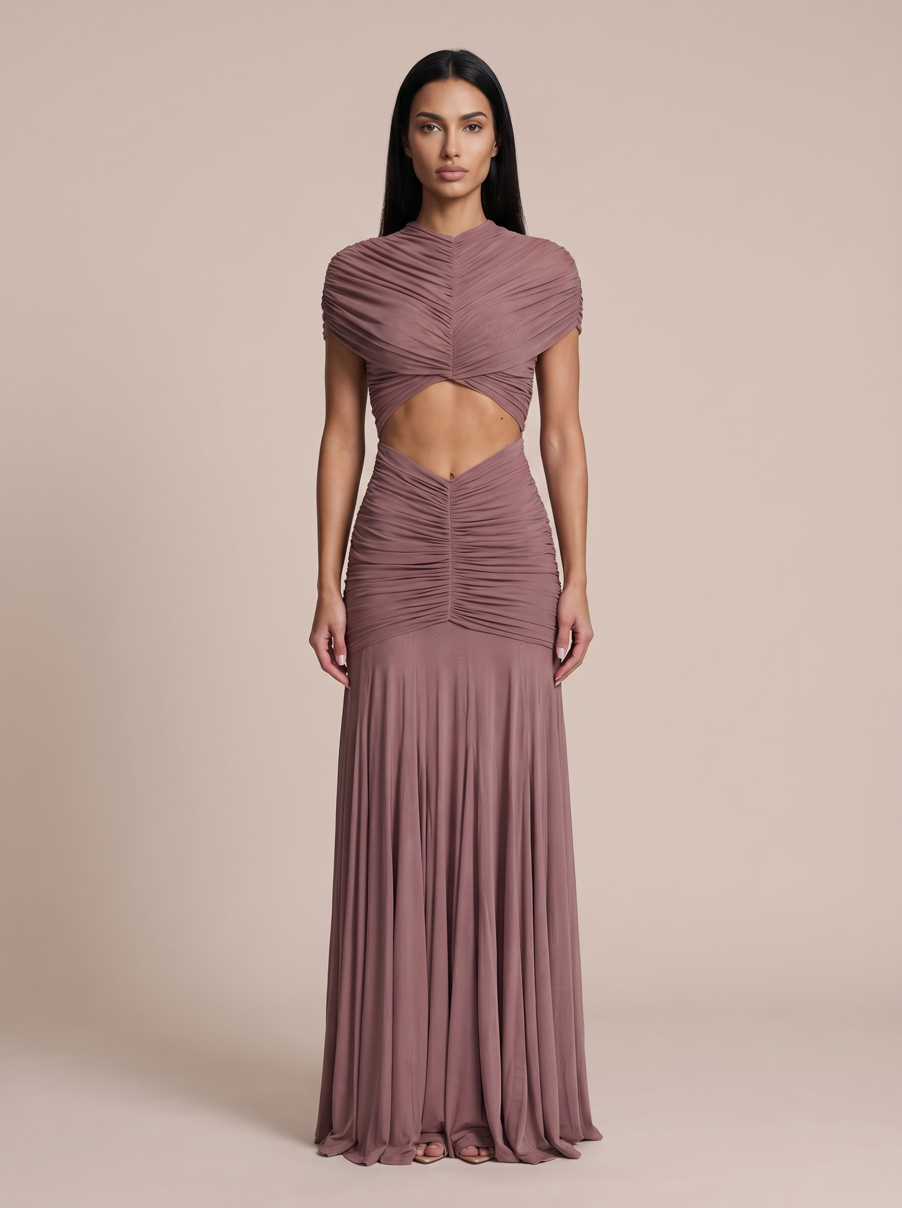 Jolie Turtleneck Ruched Short Sleeve A-line Maxi Dress