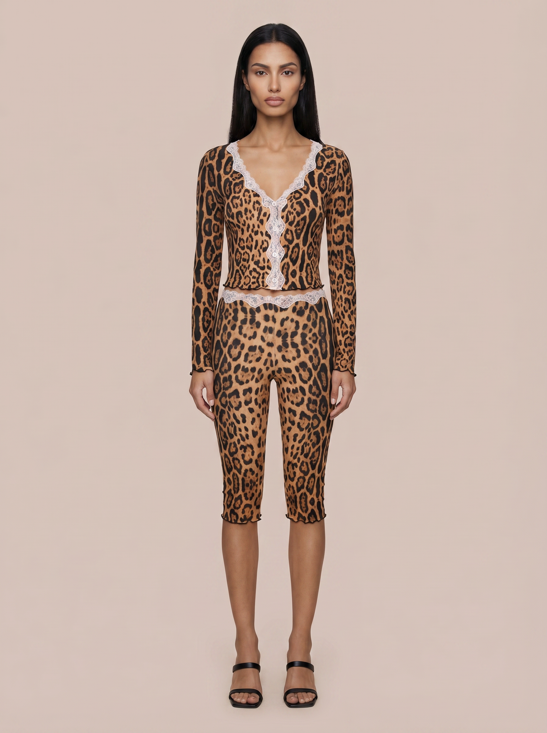 Abby Print Leopard Sexy V-neck Top & Pant Two Piece Set