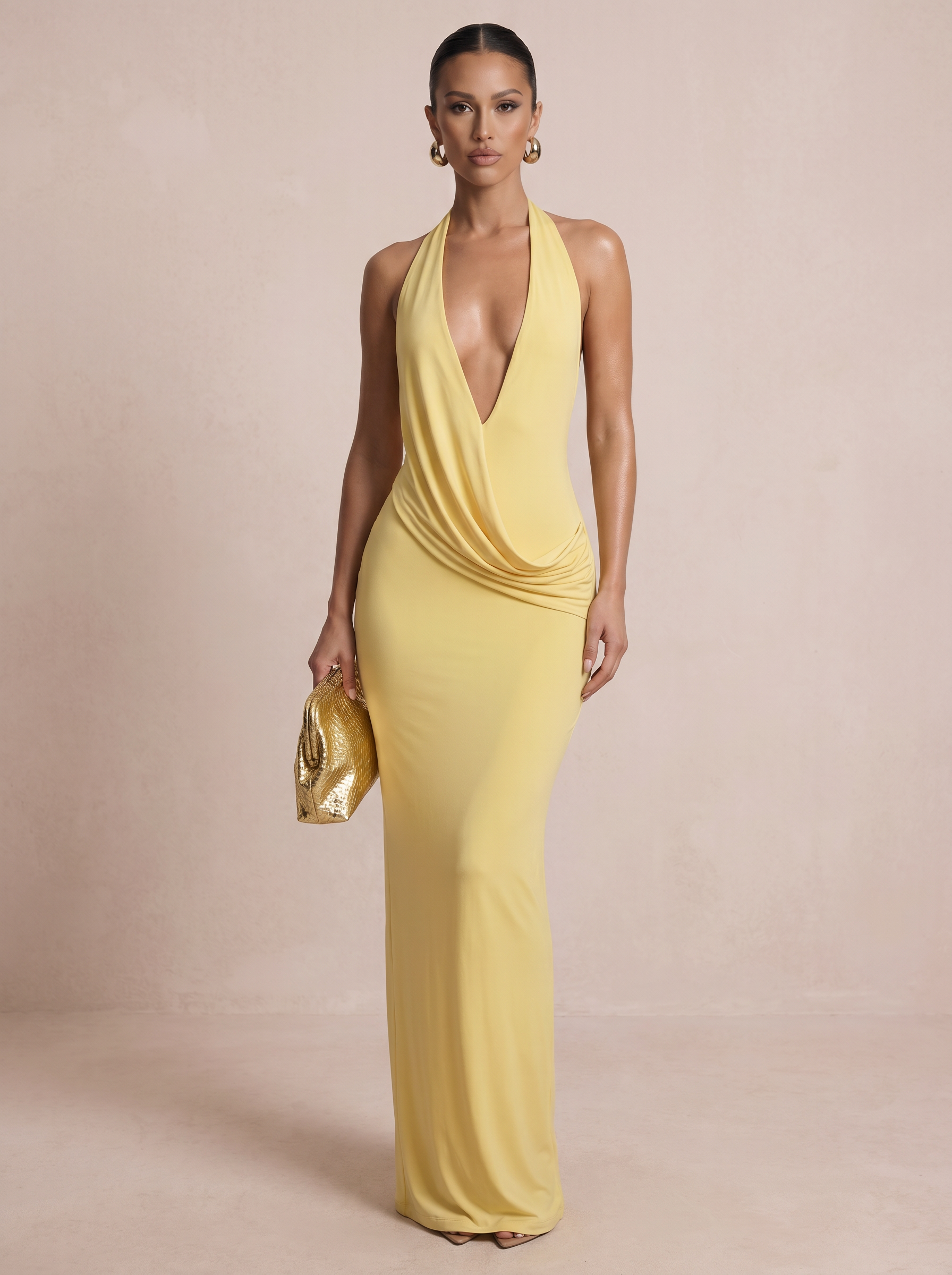 Nicole Yellow Halter Deep V-Neck Split Maxi Dress