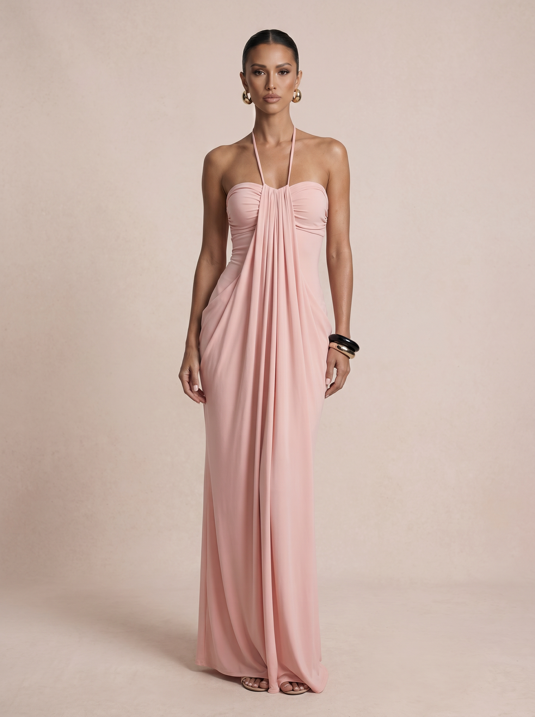 Whitney Pink Halter Off Shoulder Maxi Dress